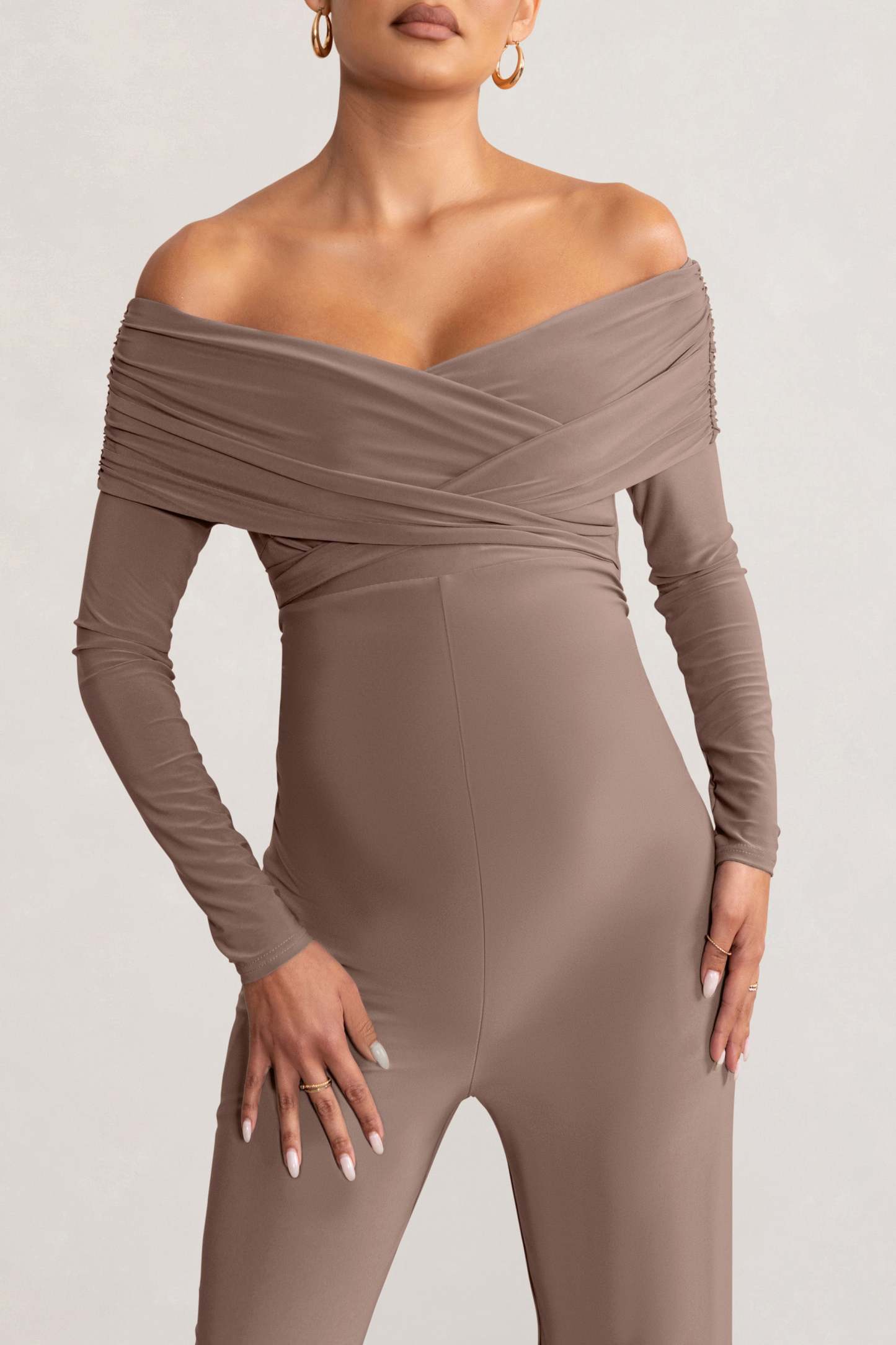 Nuala Mocha Bardot Maternity Jumpsuit with Long Sleeves-Babyboo Dress Store. All Rights Reserved.