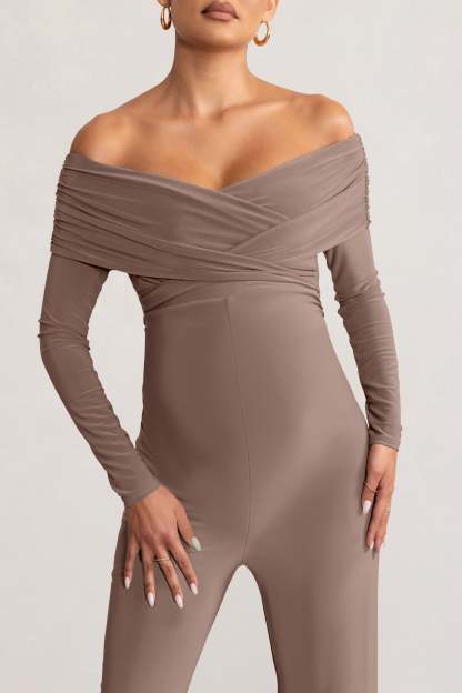 Nuala Mocha Bardot Maternity Jumpsuit with Long Sleeves-Babyboo Dress Store. All Rights Reserved.