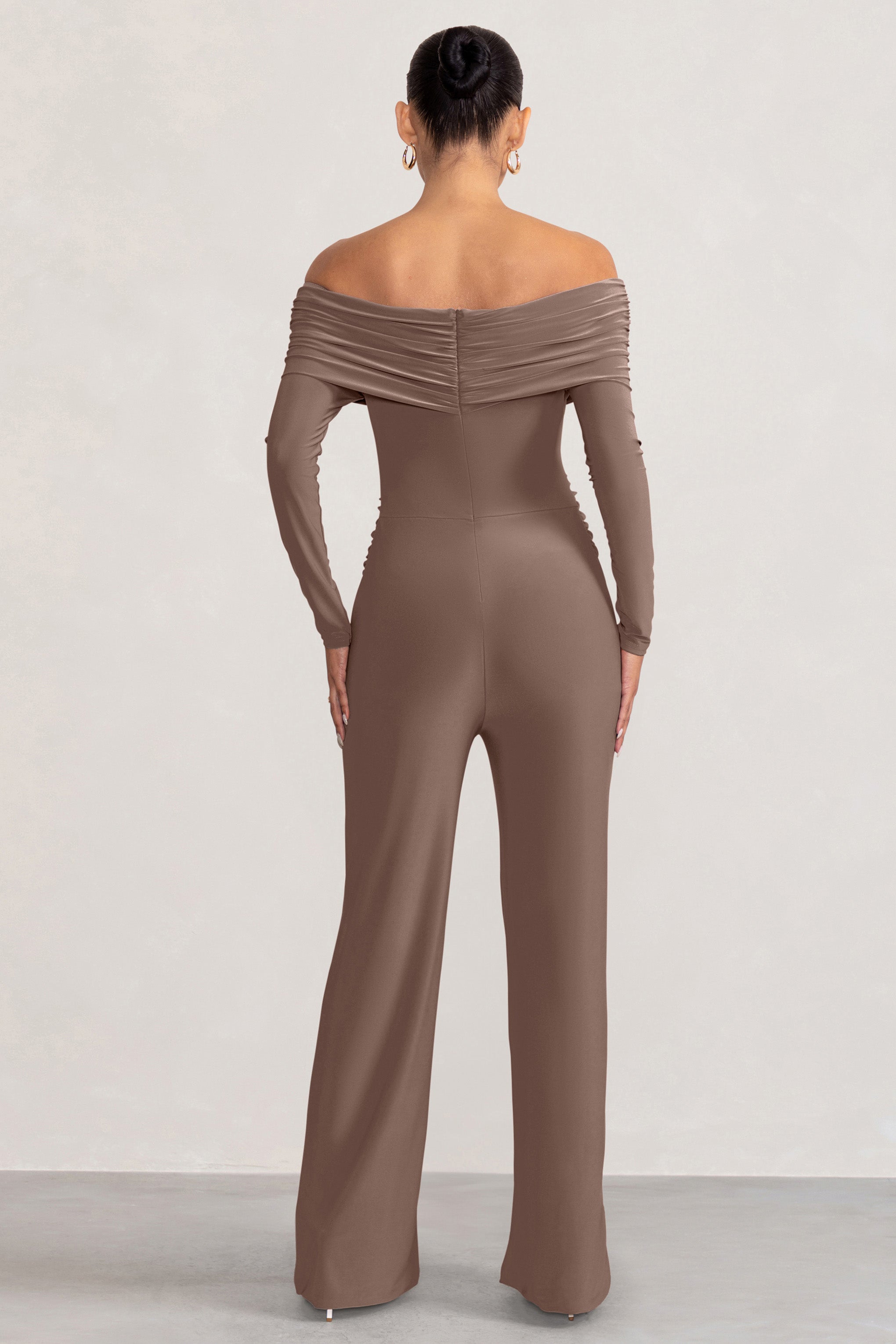 Nuala Mocha Bardot Maternity Jumpsuit with Long Sleeves-Babyboo Dress Store. All Rights Reserved.