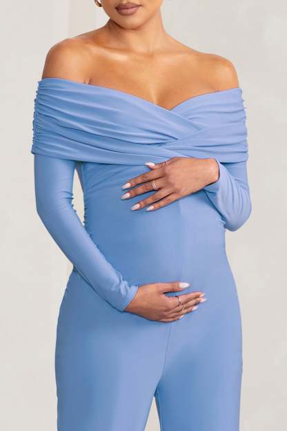 Nuala Powder Blue Bardot Maternity Jumpsuit with Long Sleeves-Babyboo Dress Store. All Rights Reserved.