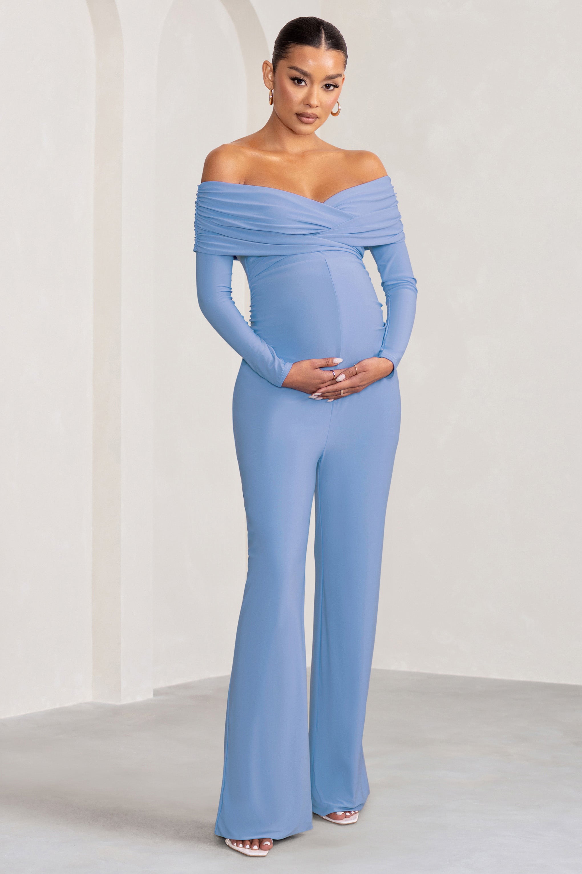 Nuala Powder Blue Bardot Maternity Jumpsuit with Long Sleeves-Babyboo Dress Store. All Rights Reserved.
