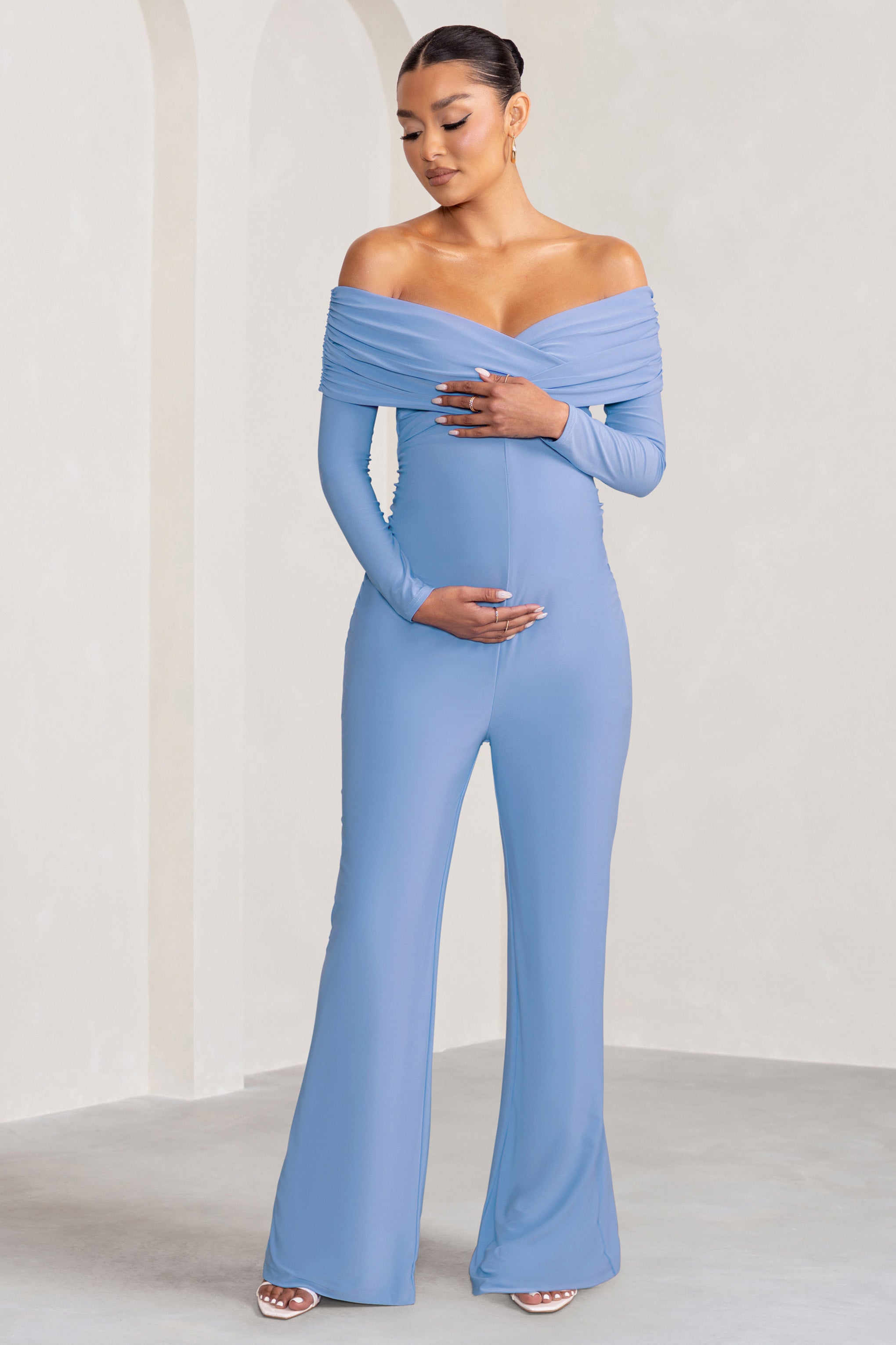 Nuala Powder Blue Bardot Maternity Jumpsuit with Long Sleeves-Babyboo Dress Store. All Rights Reserved.