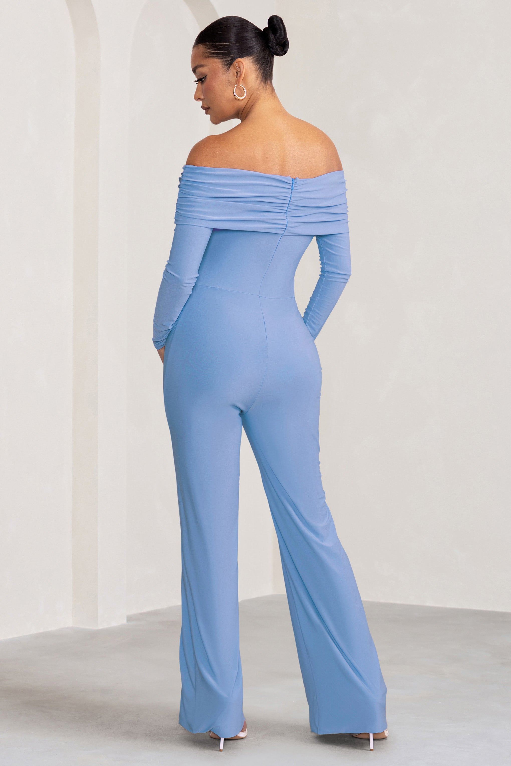 Nuala Powder Blue Bardot Maternity Jumpsuit with Long Sleeves-Babyboo Dress Store. All Rights Reserved.
