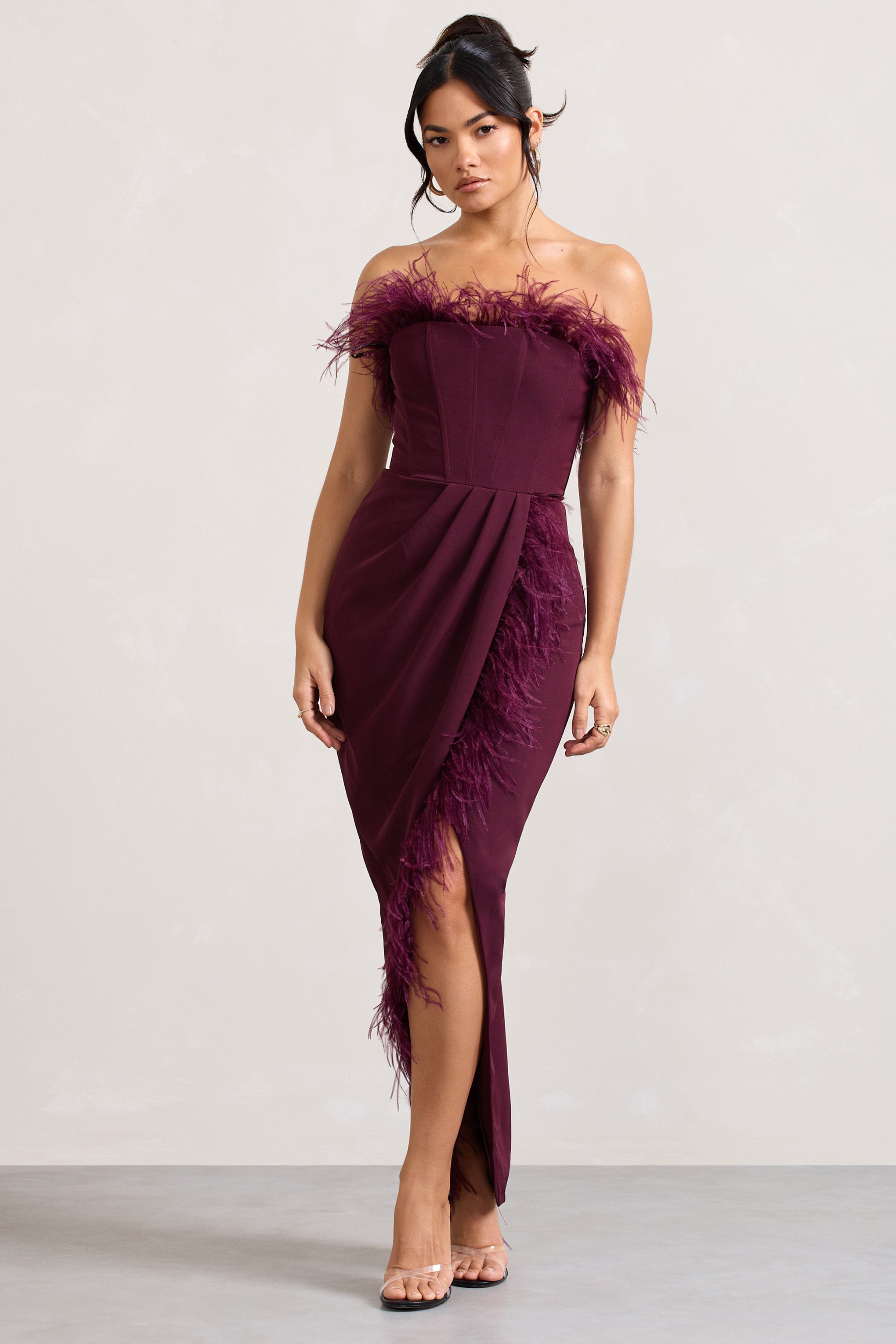 Cosmo Burgundy Bandeau Feather Corset Split Maxi Dress-Babyboo Dress Store. All Rights Reserved.