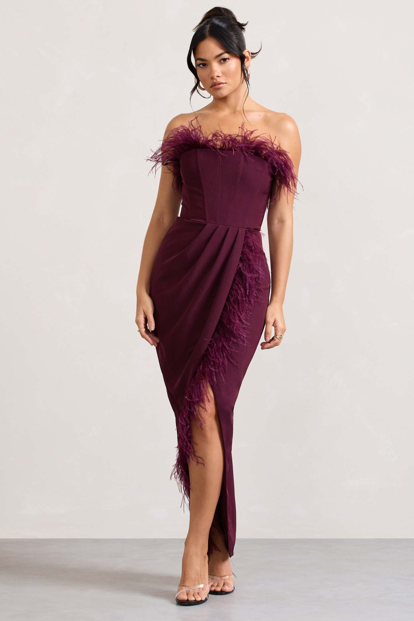 Cosmo Burgundy Bandeau Feather Corset Split Maxi Dress-Babyboo Dress Store. All Rights Reserved.