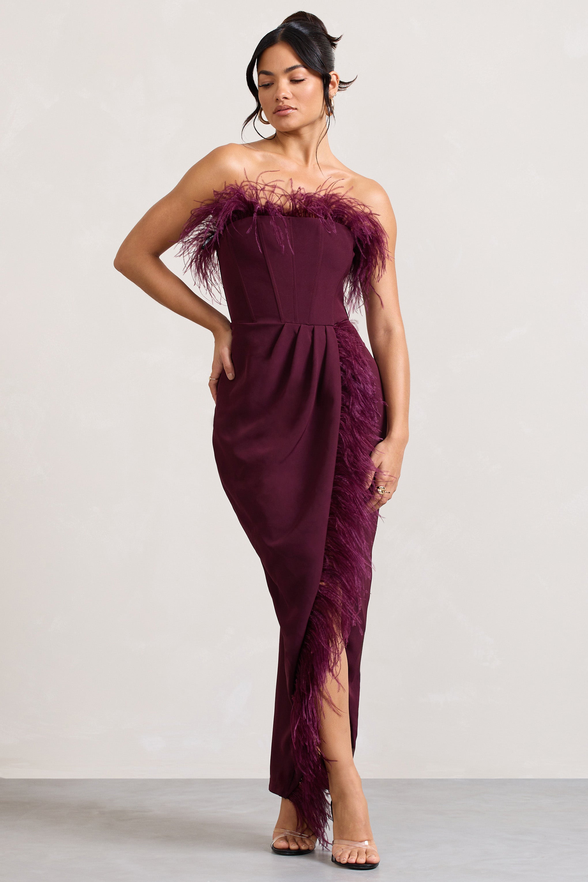 Cosmo Burgundy Bandeau Feather Corset Split Maxi Dress-Babyboo Dress Store. All Rights Reserved.