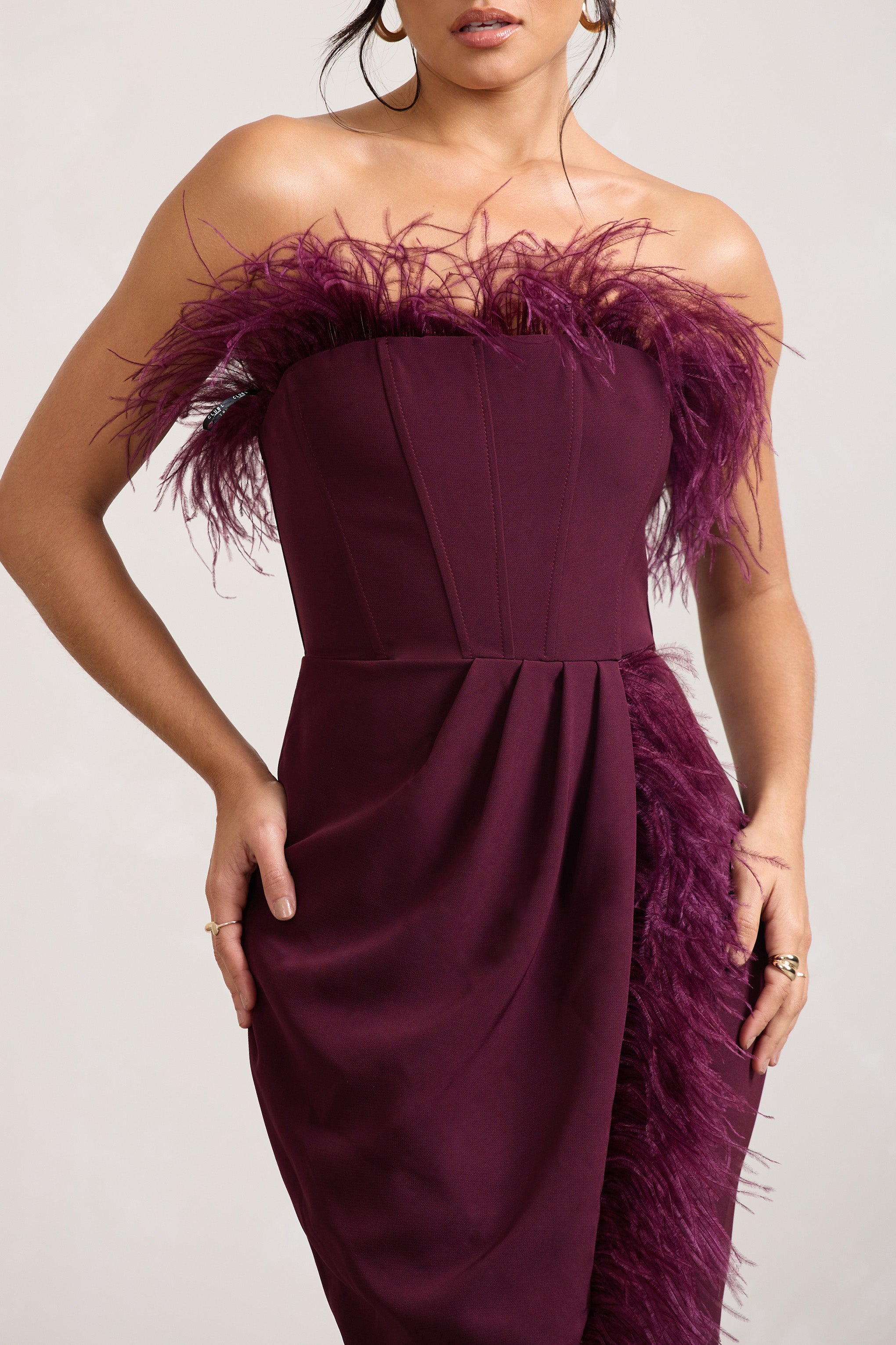 Cosmo Burgundy Bandeau Feather Corset Split Maxi Dress-Babyboo Dress Store. All Rights Reserved.