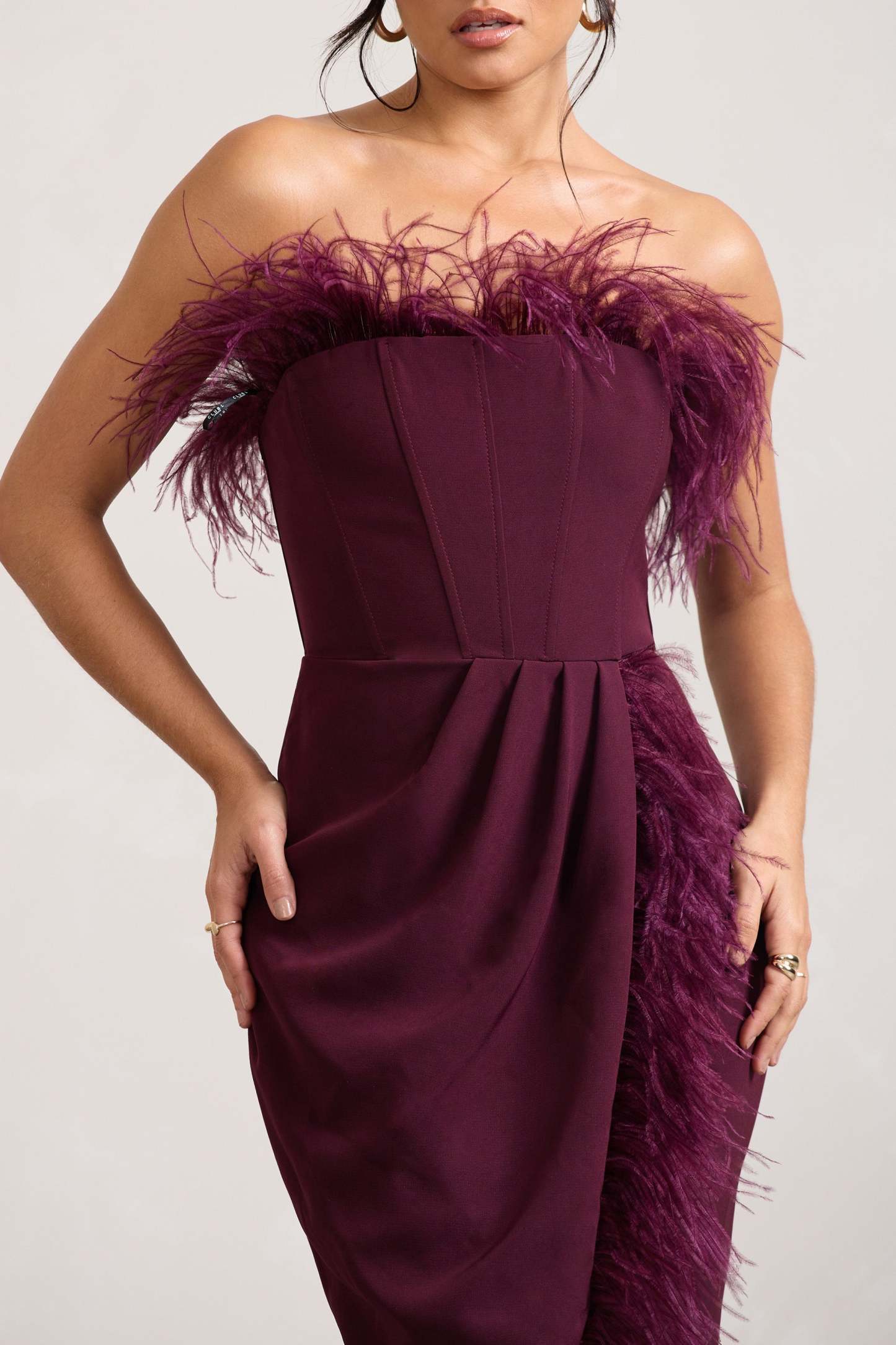 Cosmo Burgundy Bandeau Feather Corset Split Maxi Dress-Babyboo Dress Store. All Rights Reserved.