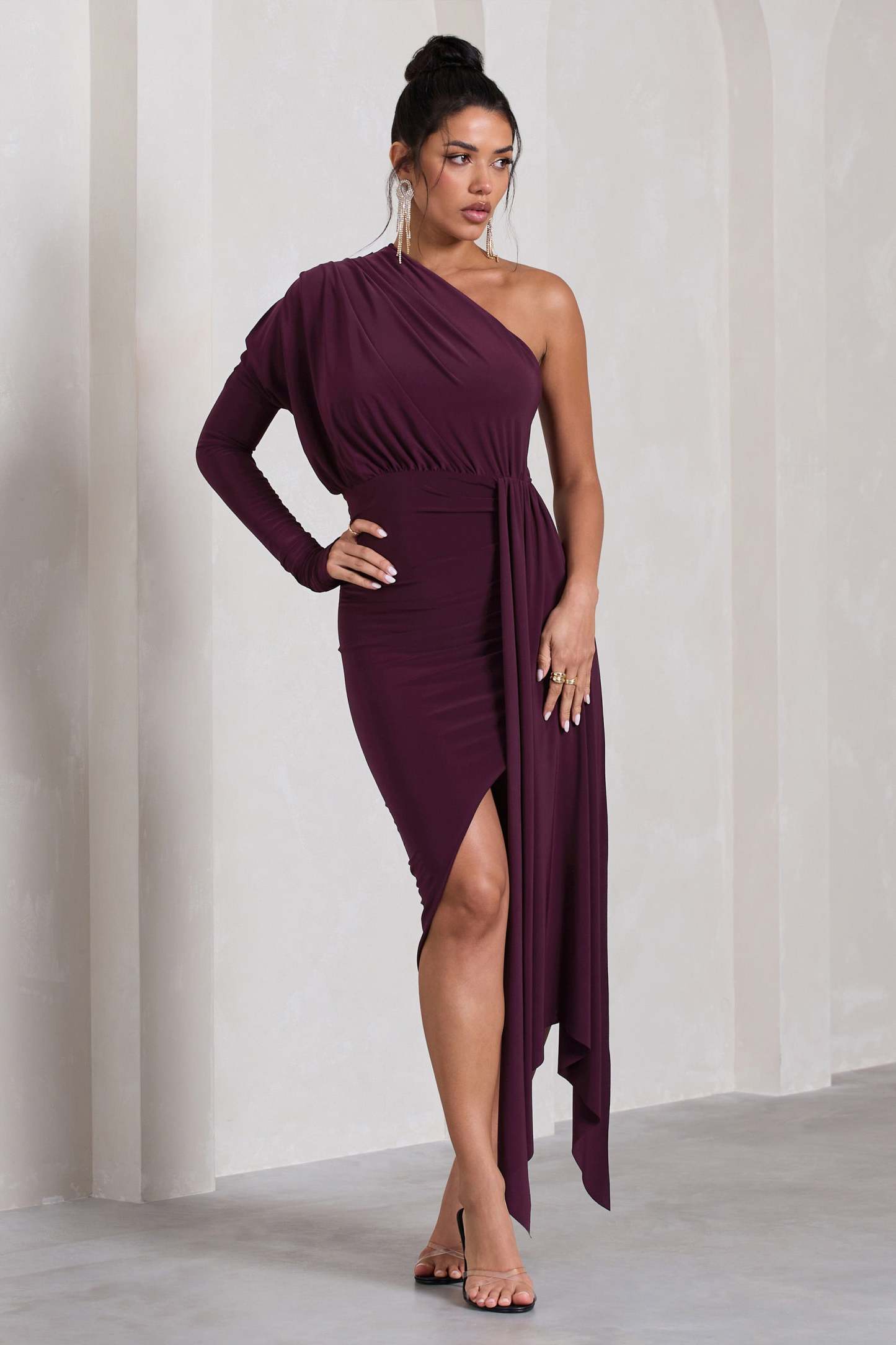 Catherine Plum One Sleeve Asymmetric Midi Dress With Statement Drape-Babyboo Dress Store. All Rights Reserved.