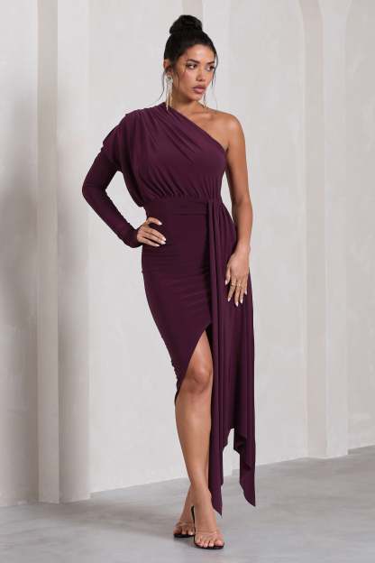 Catherine Plum One Sleeve Asymmetric Midi Dress With Statement Drape-Babyboo Dress Store. All Rights Reserved.