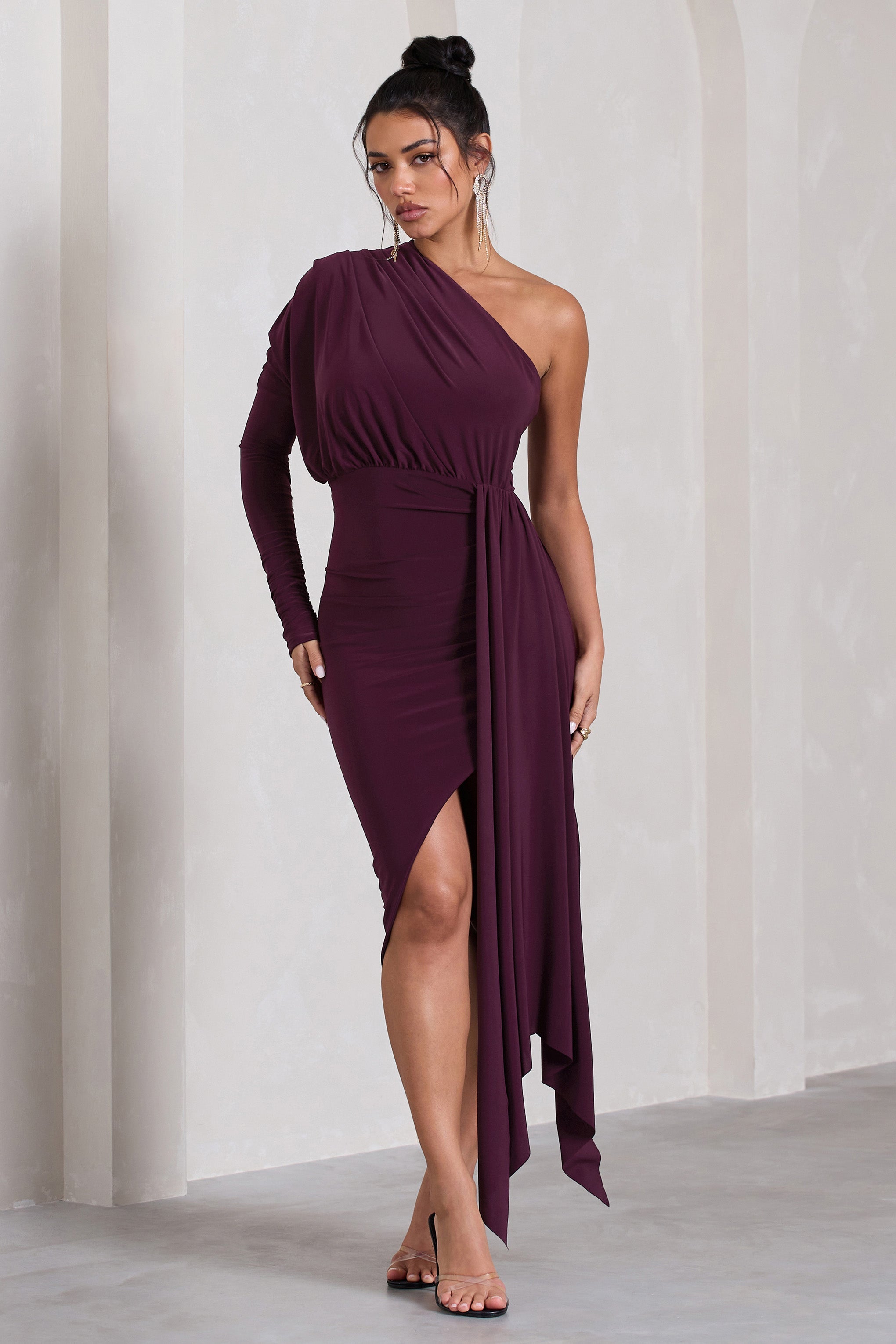 Catherine Plum One Sleeve Asymmetric Midi Dress With Statement Drape-Babyboo Dress Store. All Rights Reserved.