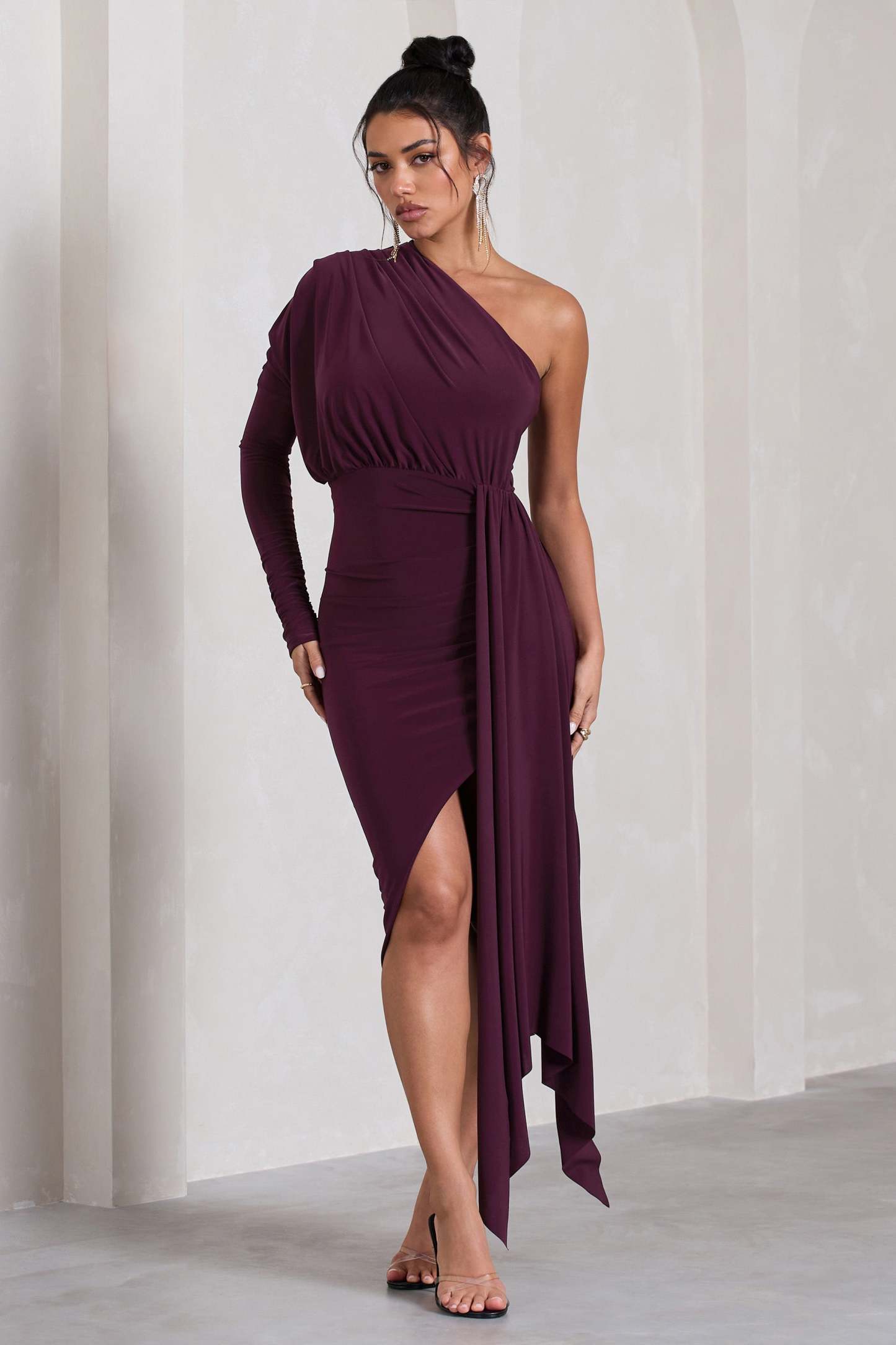 Catherine Plum One Sleeve Asymmetric Midi Dress With Statement Drape-Babyboo Dress Store. All Rights Reserved.