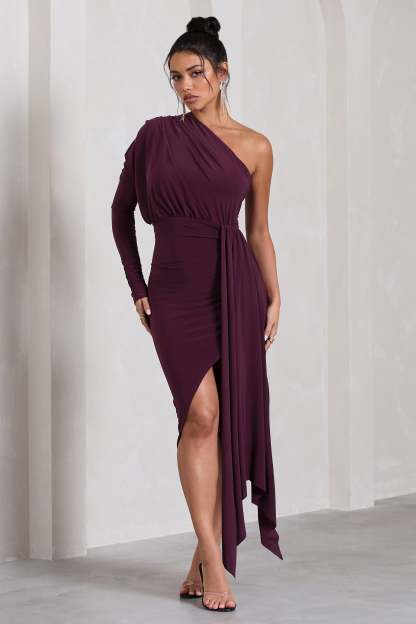 Catherine Plum One Sleeve Asymmetric Midi Dress With Statement Drape-Babyboo Dress Store. All Rights Reserved.
