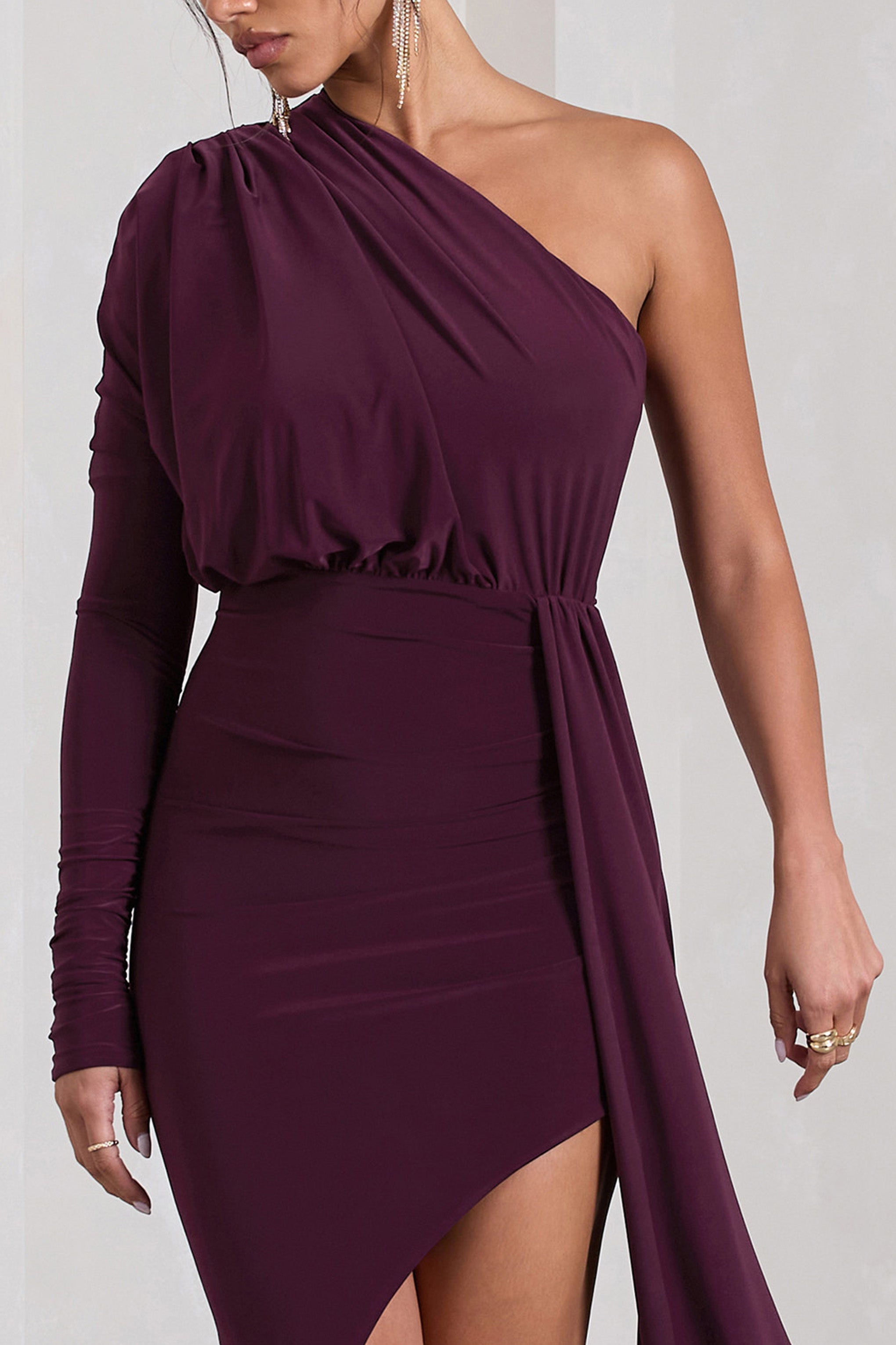 Catherine Plum One Sleeve Asymmetric Midi Dress With Statement Drape-Babyboo Dress Store. All Rights Reserved.