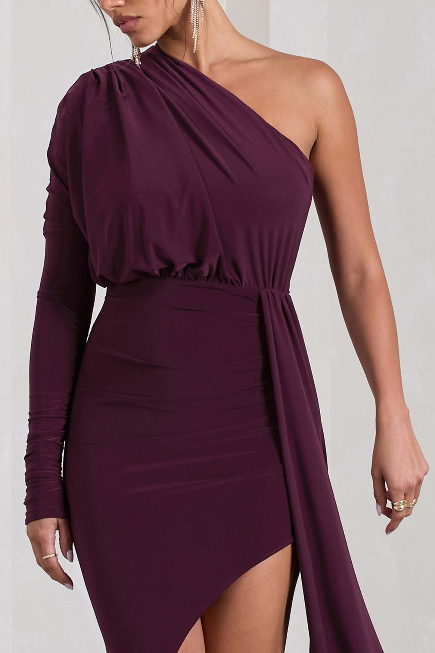 Catherine Plum One Sleeve Asymmetric Midi Dress With Statement Drape-Babyboo Dress Store. All Rights Reserved.
