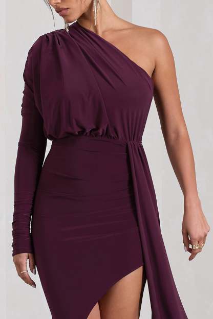 Catherine Plum One Sleeve Asymmetric Midi Dress With Statement Drape-Babyboo Dress Store. All Rights Reserved.