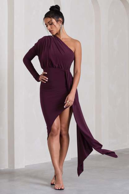 Catherine Plum One Sleeve Asymmetric Midi Dress With Statement Drape-Babyboo Dress Store. All Rights Reserved.