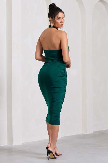 Chrissy Bottle Green Halterneck Ruched Midi Dress-Babyboo Dress Store. All Rights Reserved.