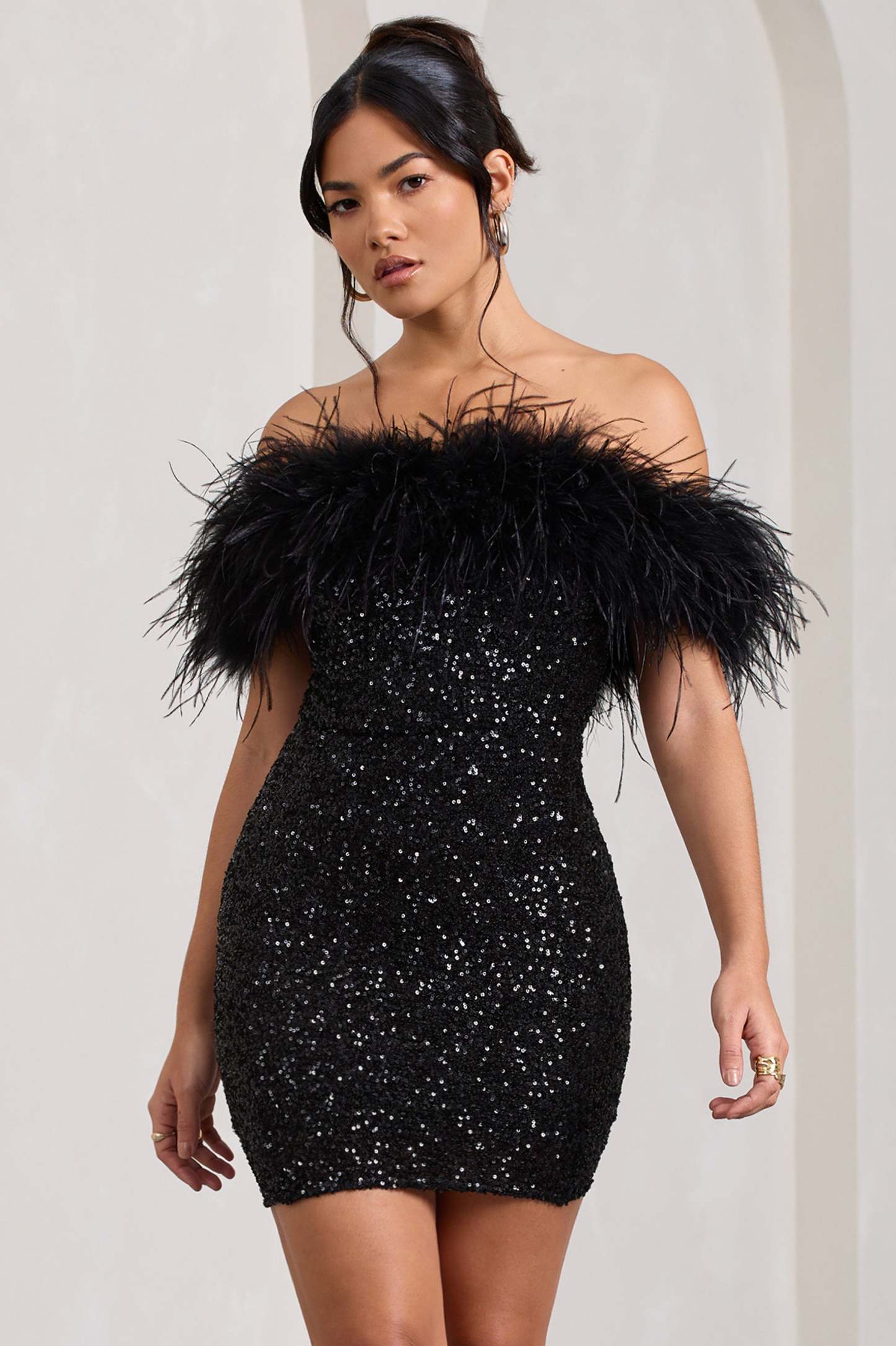 New Money Black Bodycon Sequin Mini Dress With Feather Trim-Babyboo Dress Store. All Rights Reserved.