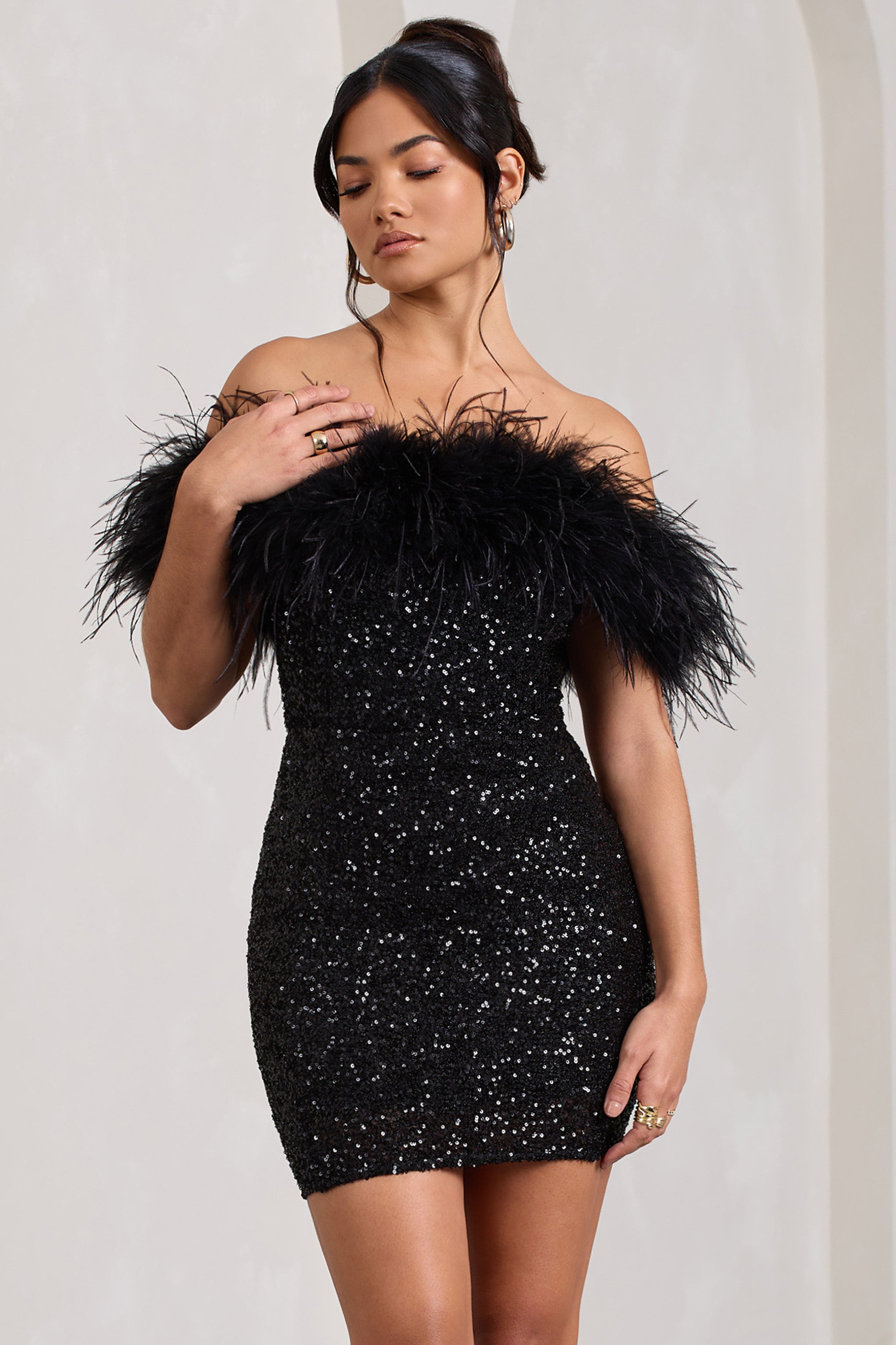 New Money Black Bodycon Sequin Mini Dress With Feather Trim-Babyboo Dress Store. All Rights Reserved.