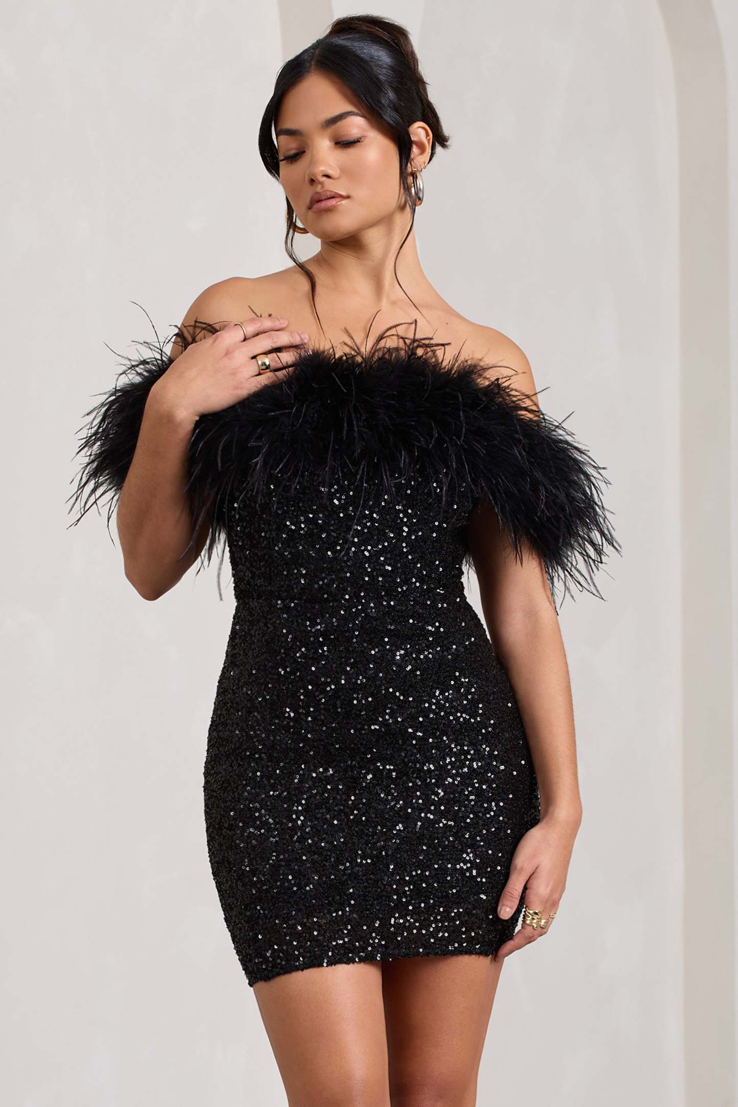 New Money Black Bodycon Sequin Mini Dress With Feather Trim-Babyboo Dress Store. All Rights Reserved.
