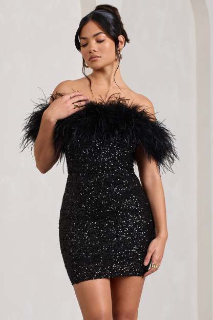 New Money Black Bodycon Sequin Mini Dress With Feather Trim-Babyboo Dress Store. All Rights Reserved.