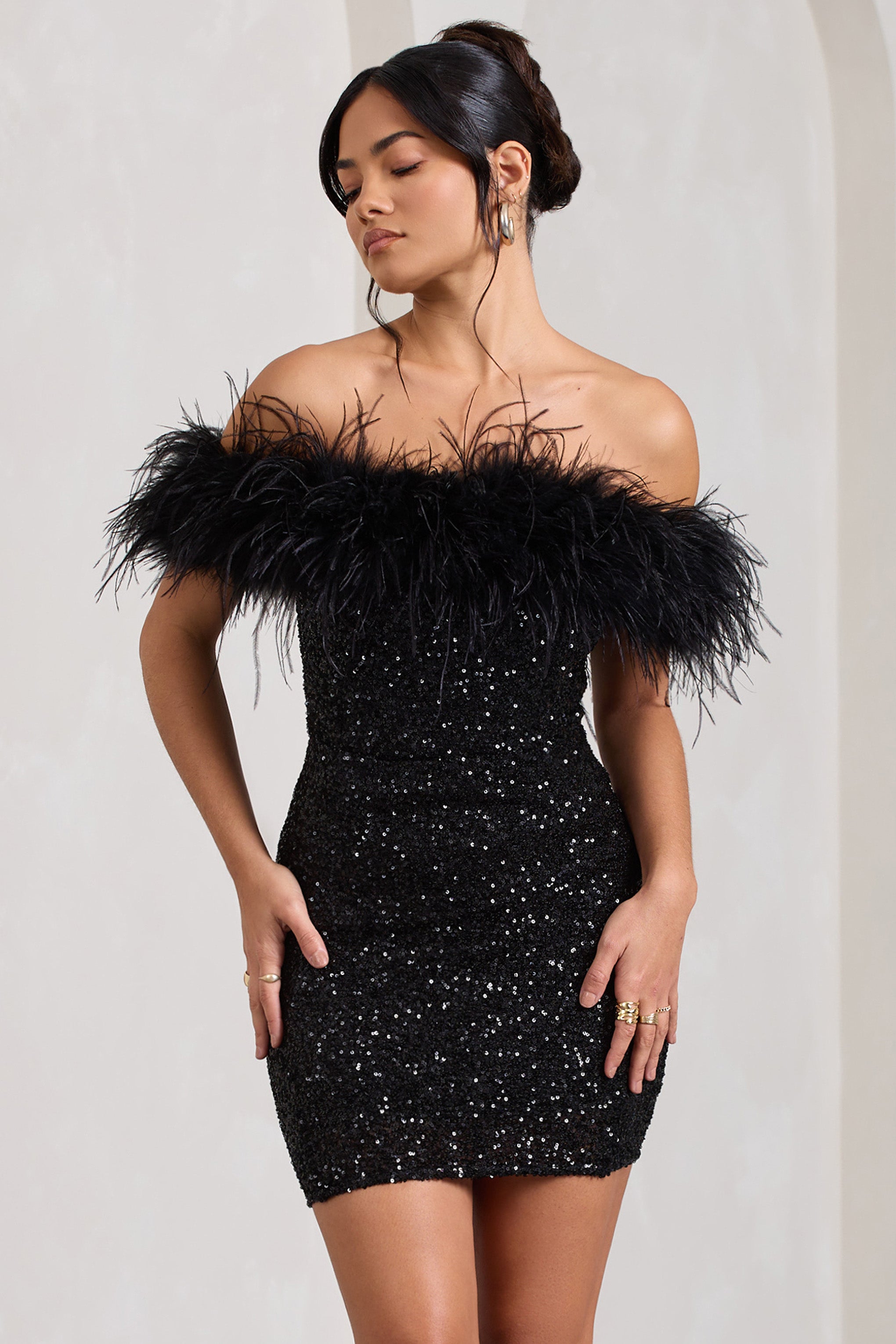 New Money Black Bodycon Sequin Mini Dress With Feather Trim-Babyboo Dress Store. All Rights Reserved.