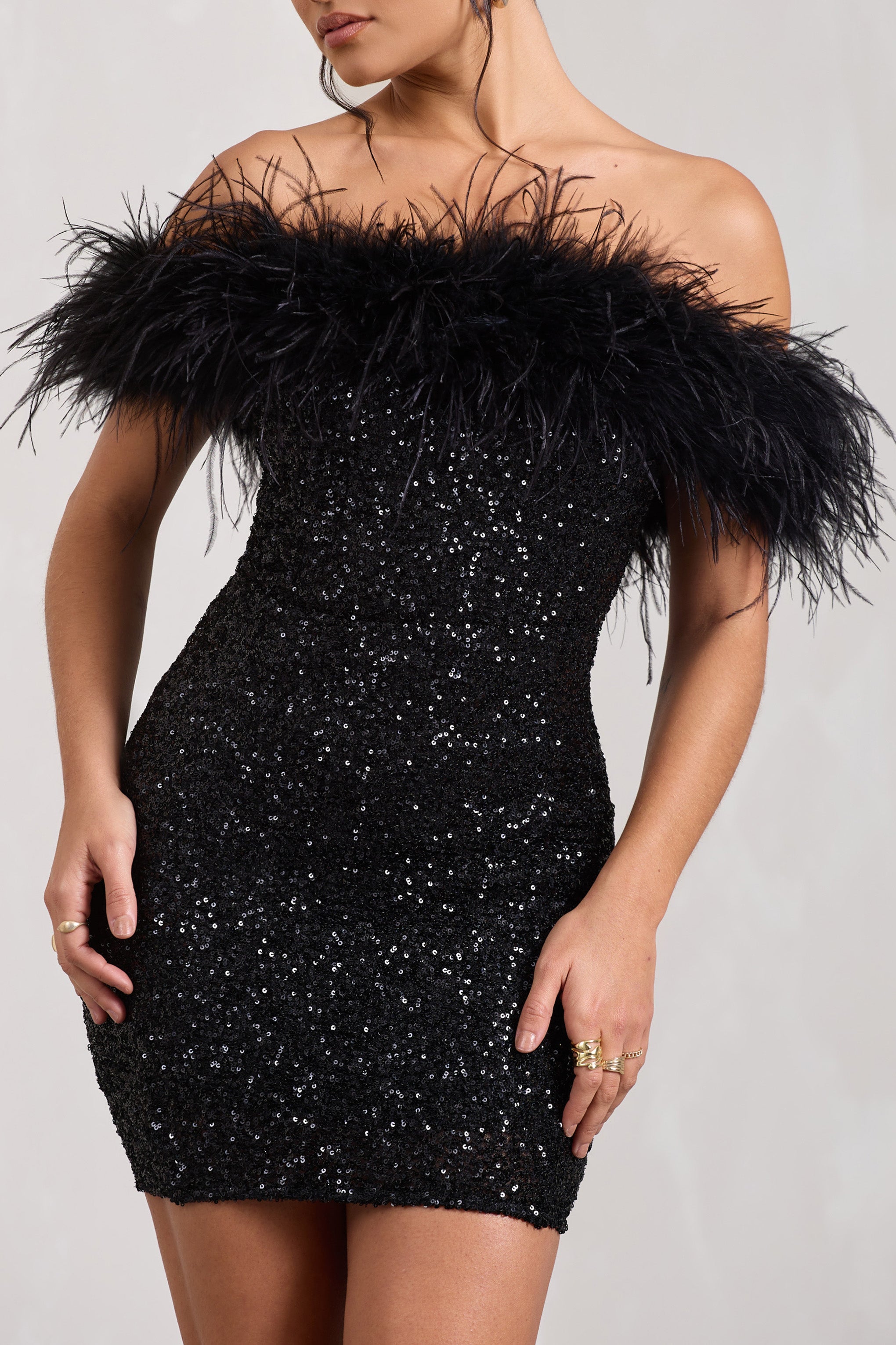 New Money Black Bodycon Sequin Mini Dress With Feather Trim-Babyboo Dress Store. All Rights Reserved.