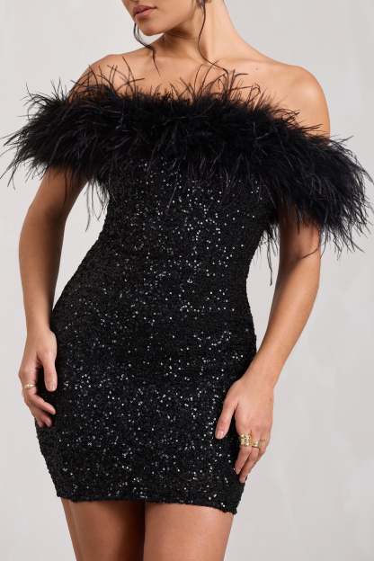 New Money Black Bodycon Sequin Mini Dress With Feather Trim-Babyboo Dress Store. All Rights Reserved.