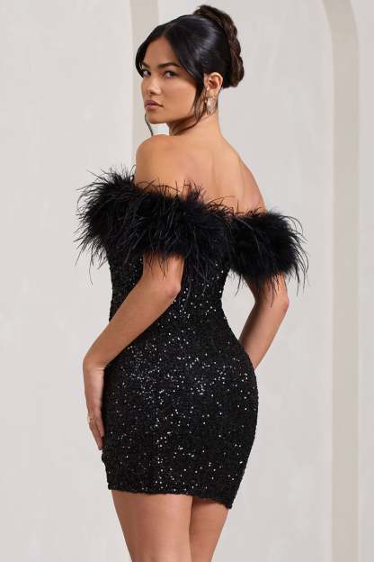 New Money Black Bodycon Sequin Mini Dress With Feather Trim-Babyboo Dress Store. All Rights Reserved.