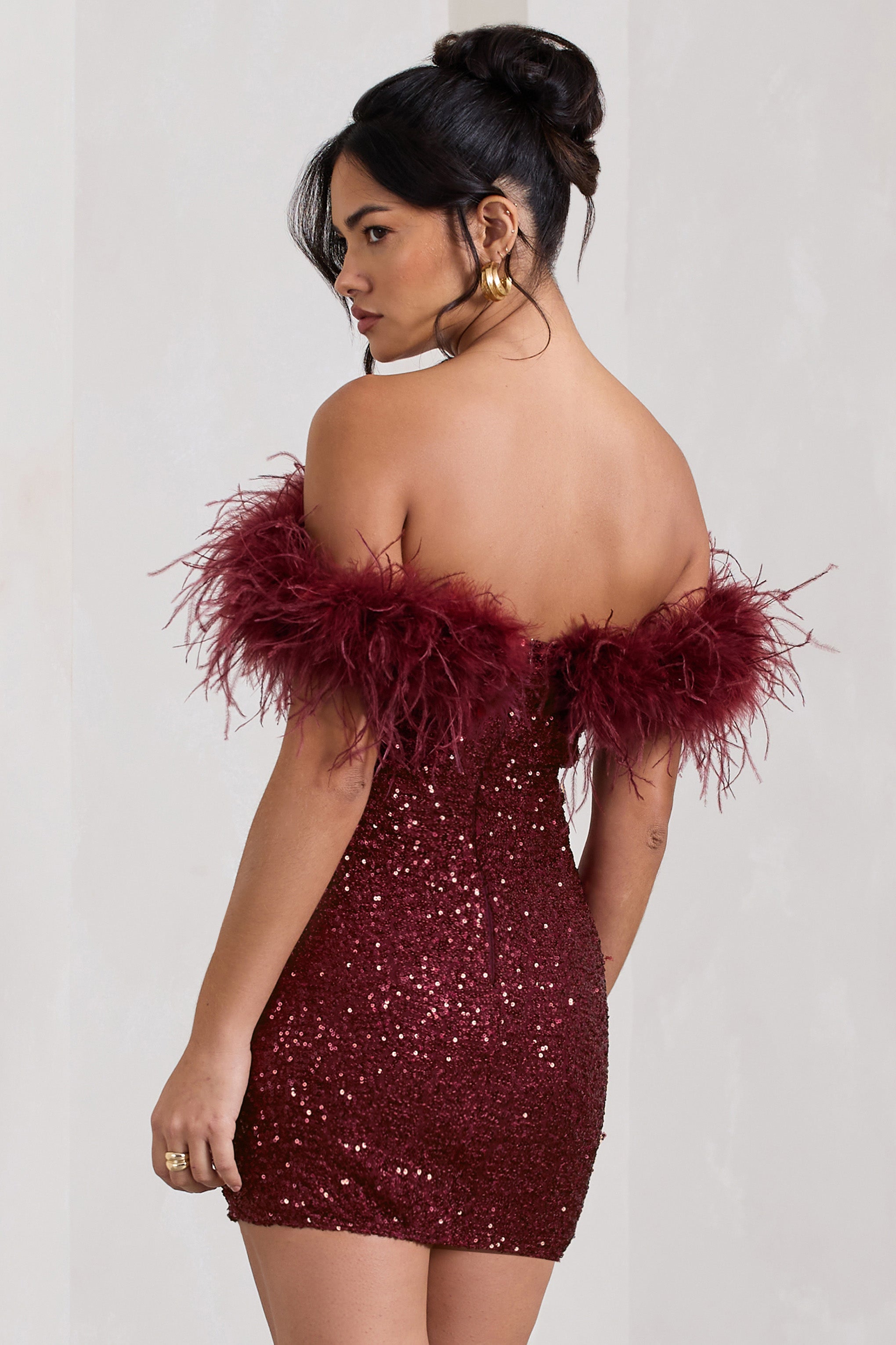 New Money Burgundy Bodycon Sequin Mini Dress With Feather Trim-Babyboo Dress Store. All Rights Reserved.