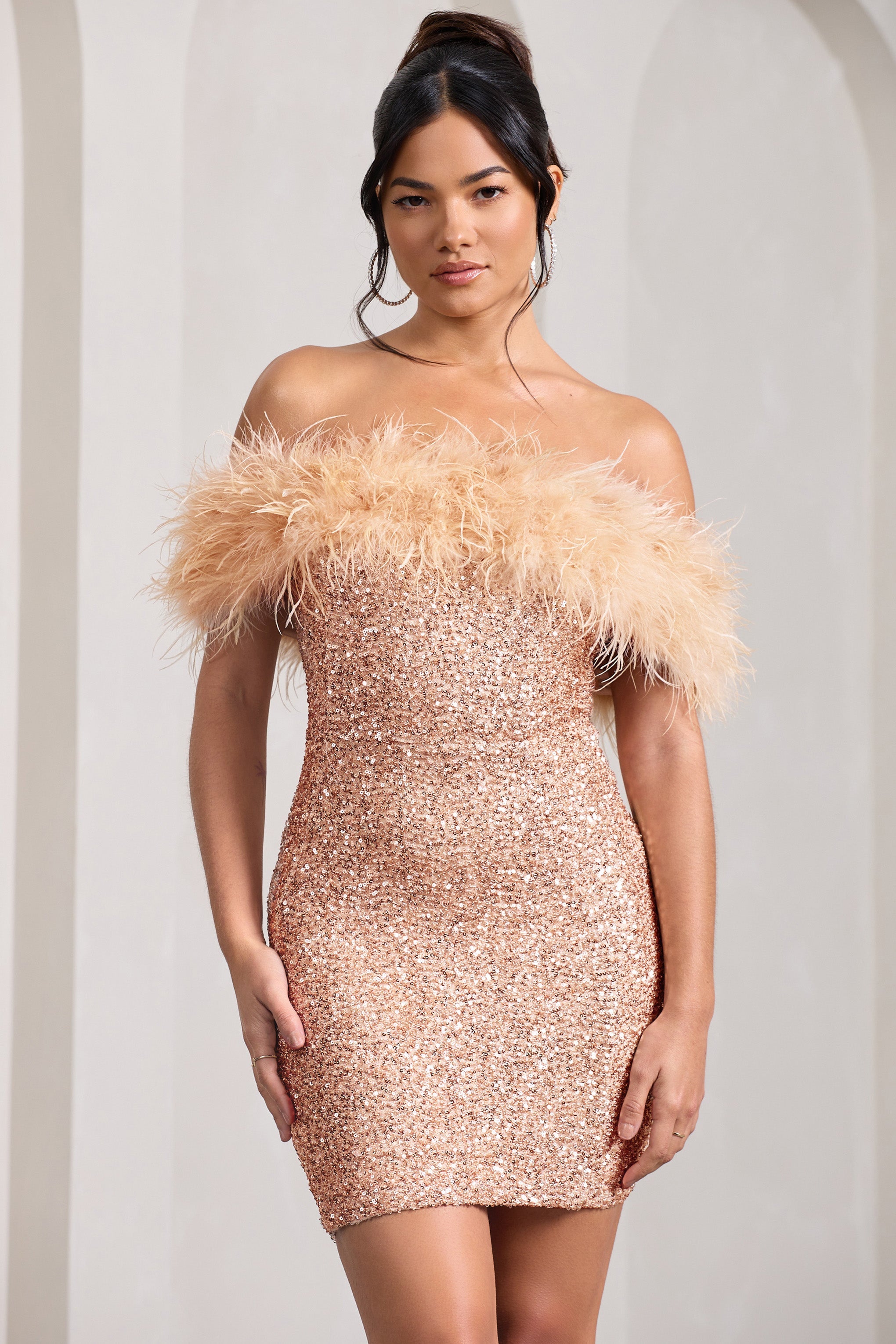 New Money Gold Bodycon Sequin Mini Dress With Feather Trim-Babyboo Dress Store. All Rights Reserved.