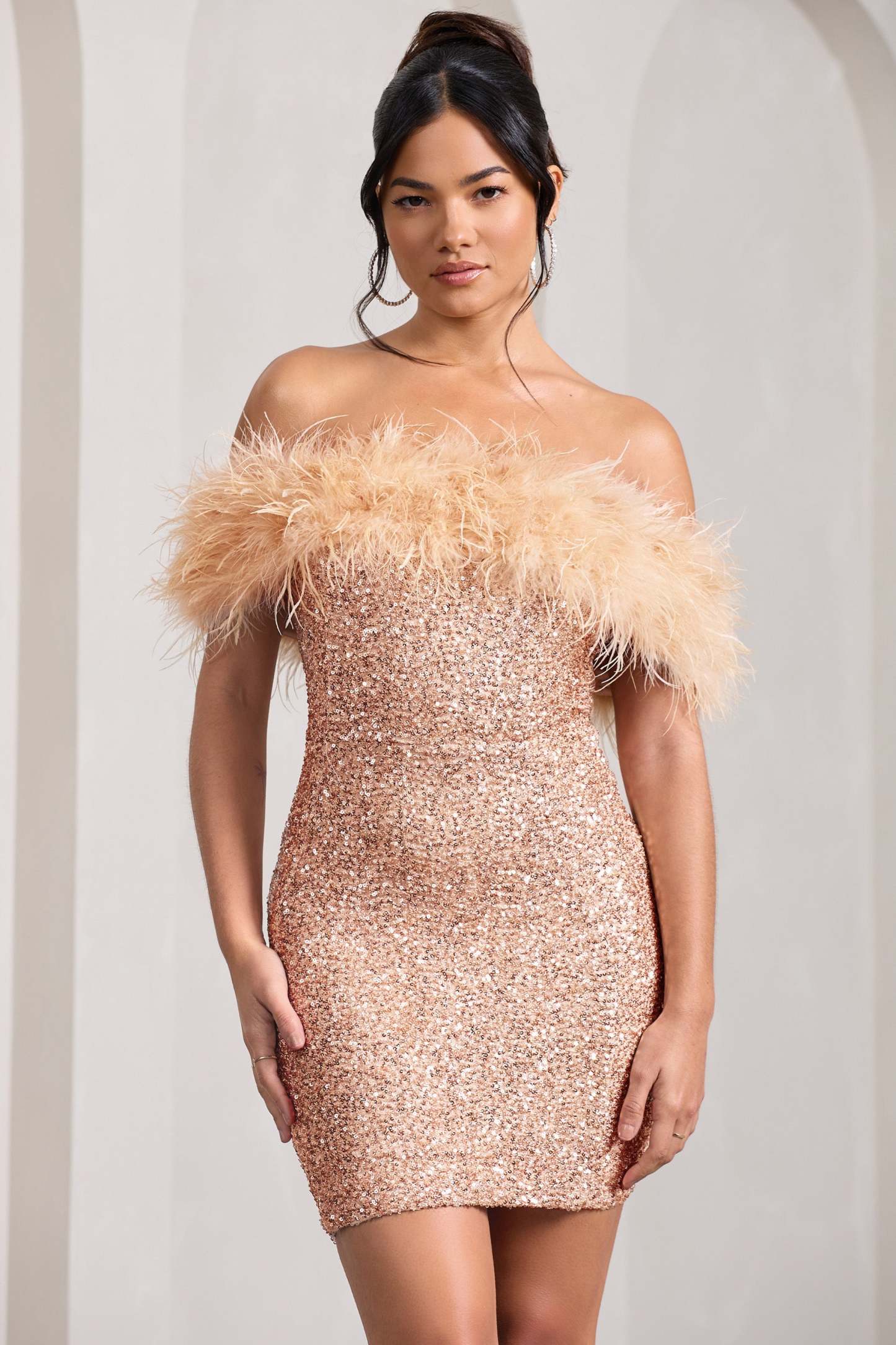New Money Gold Bodycon Sequin Mini Dress With Feather Trim-Babyboo Dress Store. All Rights Reserved.