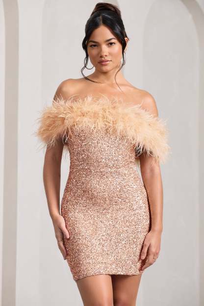 New Money Gold Bodycon Sequin Mini Dress With Feather Trim-Babyboo Dress Store. All Rights Reserved.