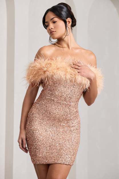 New Money Gold Bodycon Sequin Mini Dress With Feather Trim-Babyboo Dress Store. All Rights Reserved.