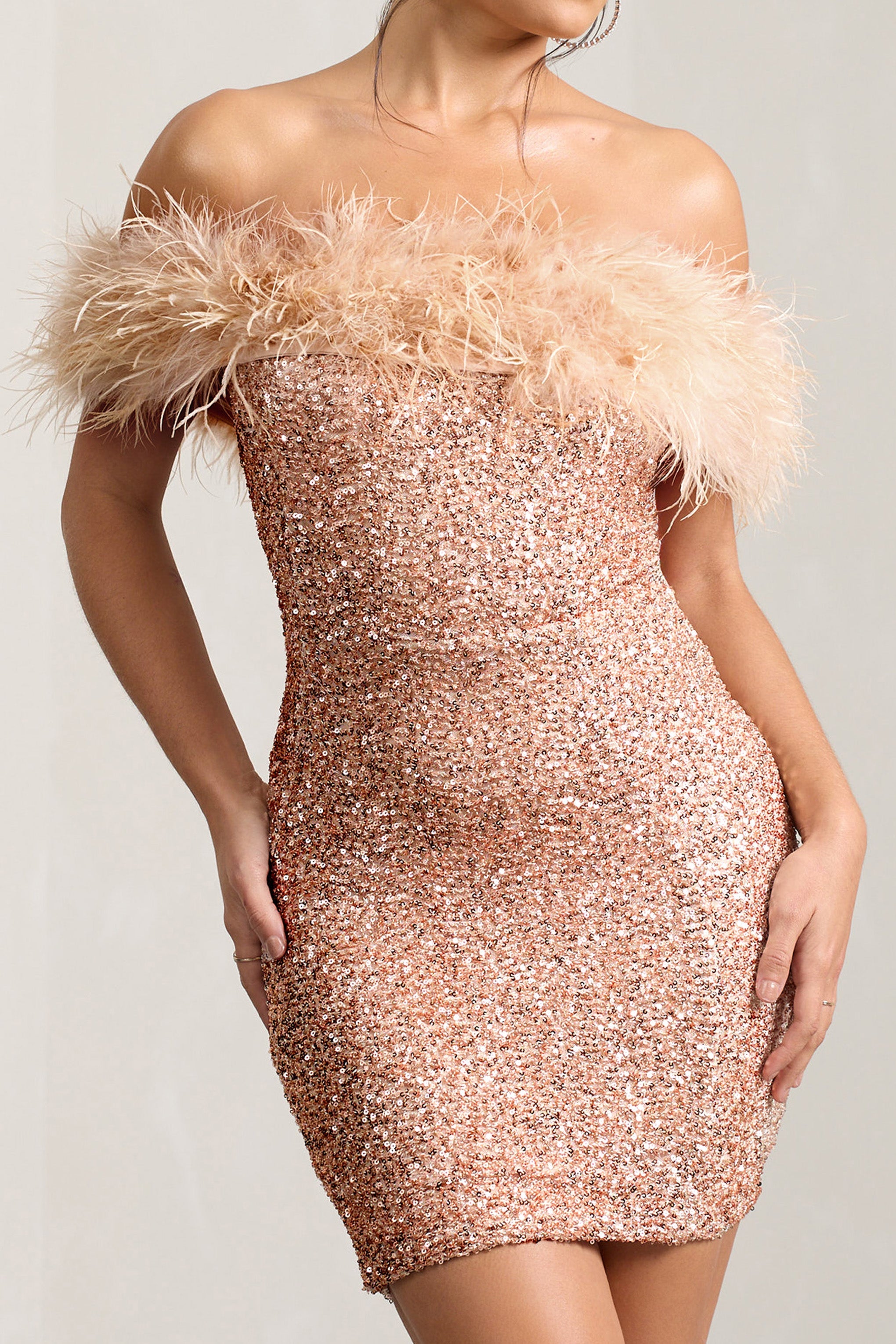 New Money Gold Bodycon Sequin Mini Dress With Feather Trim-Babyboo Dress Store. All Rights Reserved.