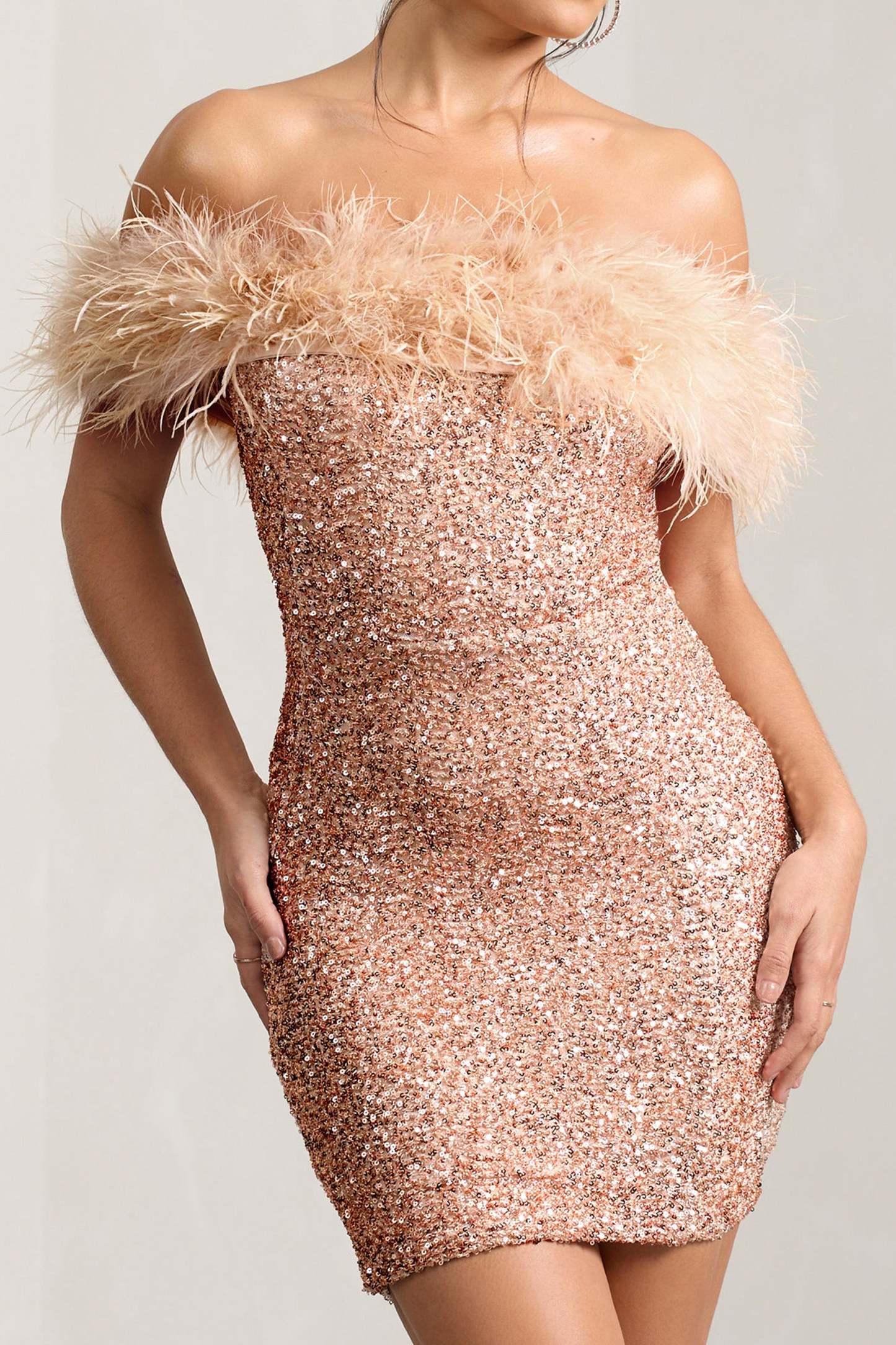 New Money Gold Bodycon Sequin Mini Dress With Feather Trim-Babyboo Dress Store. All Rights Reserved.