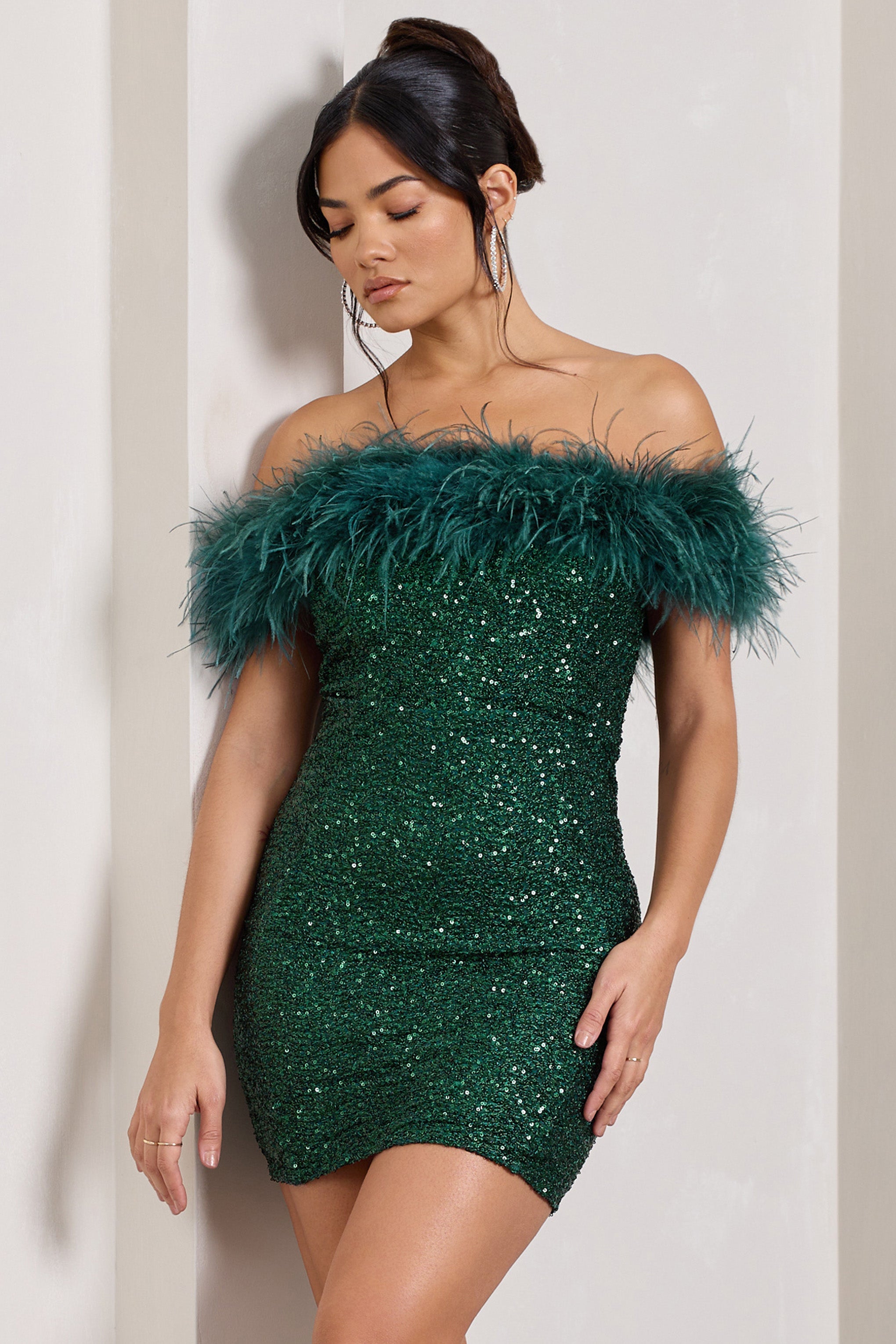 New Money Green Bodycon Sequin Mini Dress With Feather Trim-Babyboo Dress Store. All Rights Reserved.