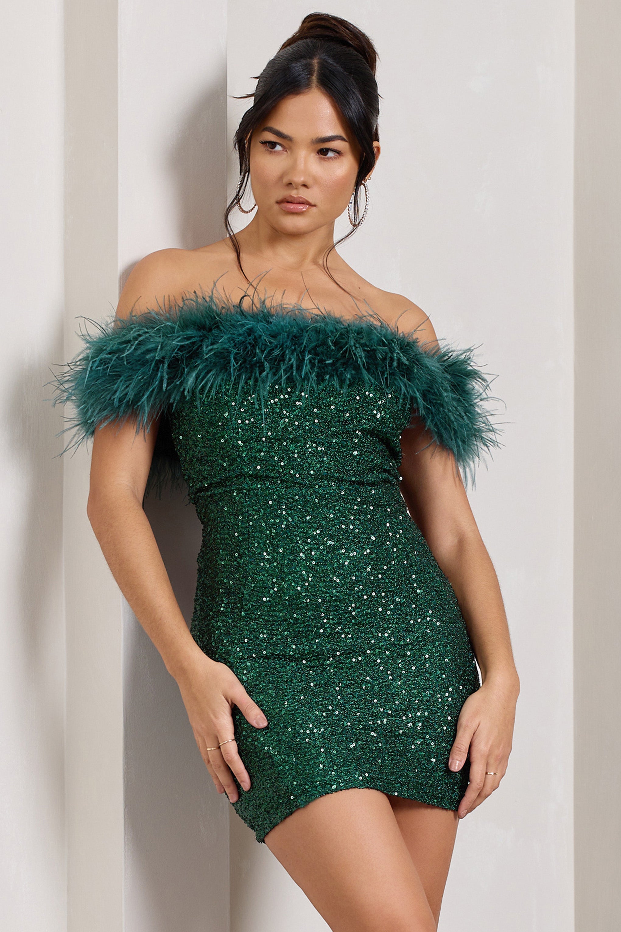 New Money Green Bodycon Sequin Mini Dress With Feather Trim-Babyboo Dress Store. All Rights Reserved.
