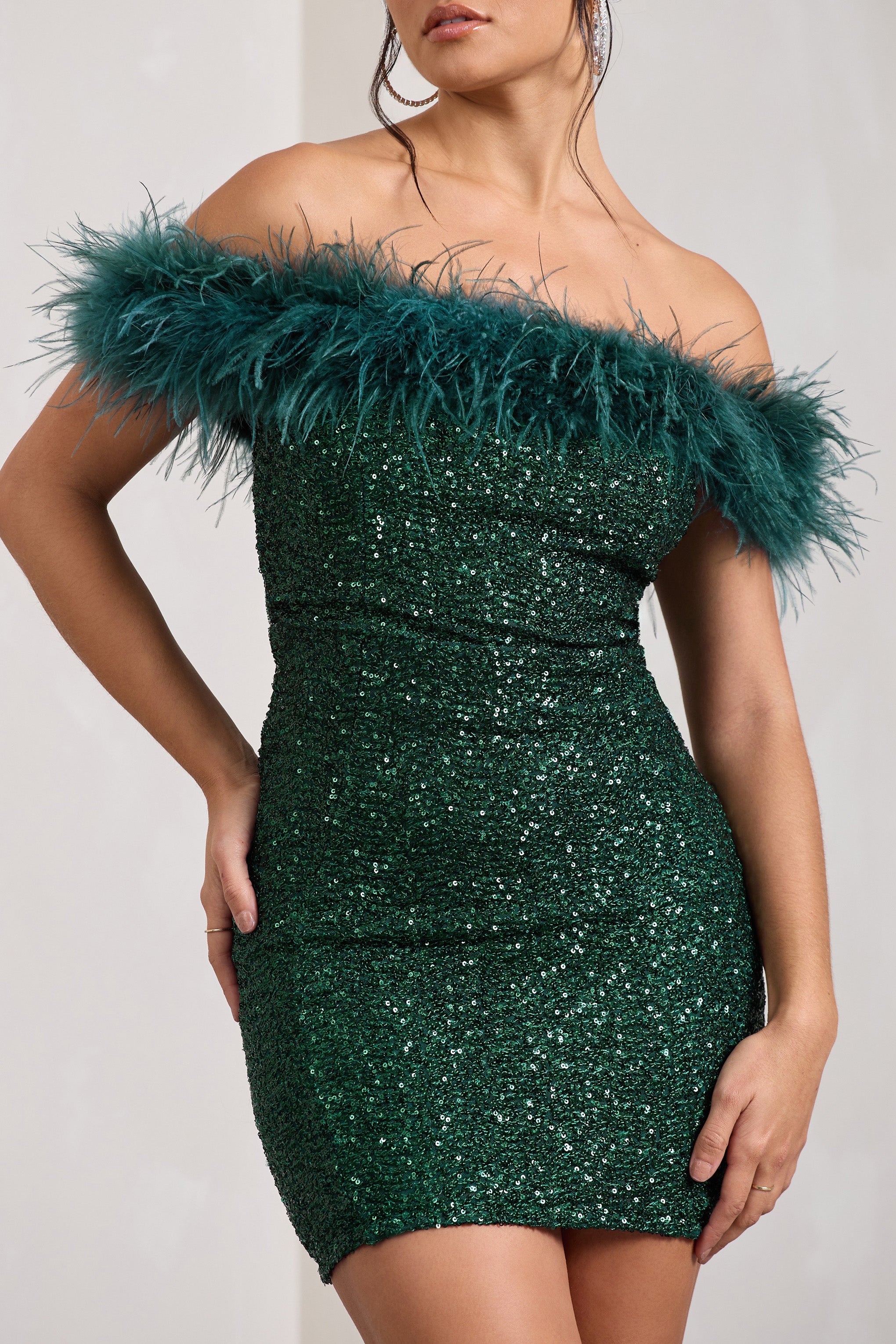 New Money Green Bodycon Sequin Mini Dress With Feather Trim-Babyboo Dress Store. All Rights Reserved.