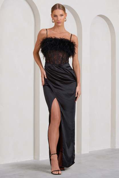 Countess Black Lace Corset Maxi Dress With Feather Trim-Babyboo Dress Store. All Rights Reserved.