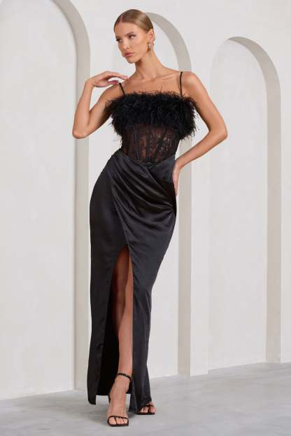 Countess Black Lace Corset Maxi Dress With Feather Trim-Babyboo Dress Store. All Rights Reserved.