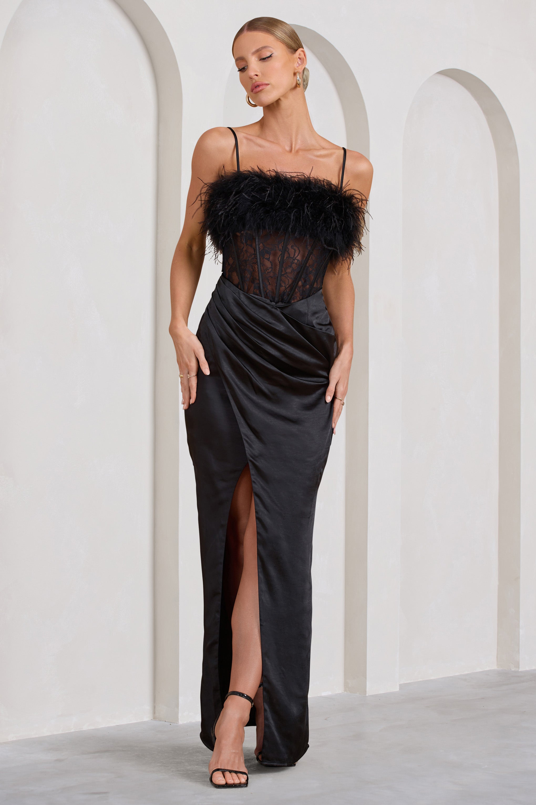 Countess Black Lace Corset Maxi Dress With Feather Trim-Babyboo Dress Store. All Rights Reserved.
