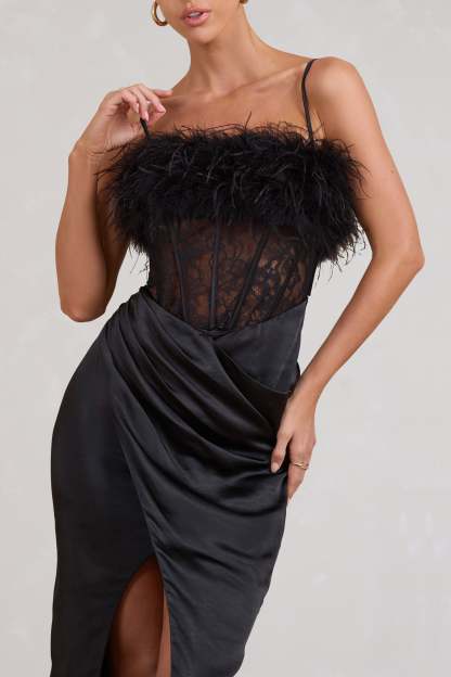 Countess Black Lace Corset Maxi Dress With Feather Trim-Babyboo Dress Store. All Rights Reserved.