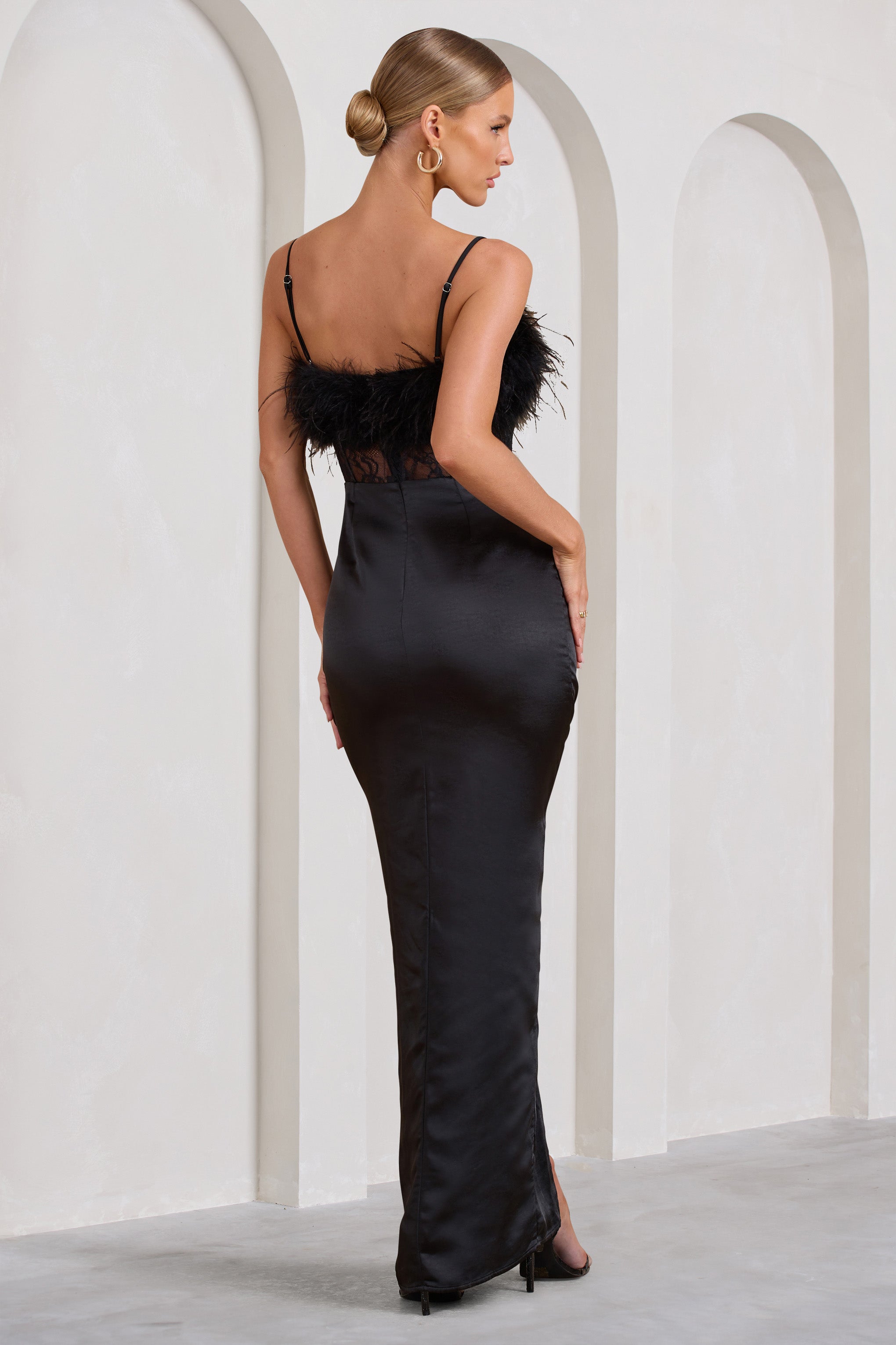 Countess Black Lace Corset Maxi Dress With Feather Trim-Babyboo Dress Store. All Rights Reserved.