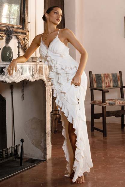 Clematis White Lace Strappy Ruffled Maxi Dress-Babyboo Dress Store. All Rights Reserved.