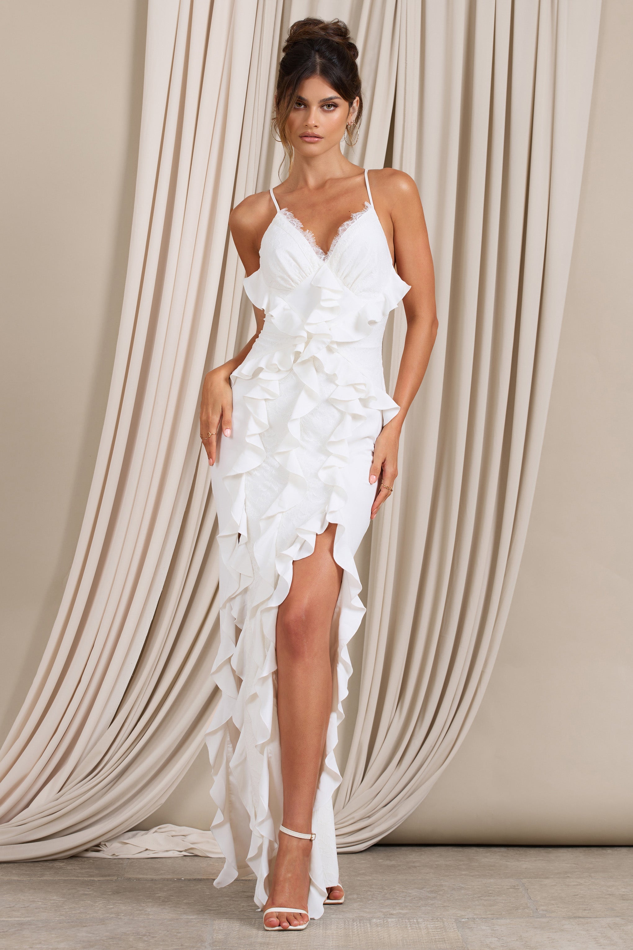Clematis White Lace Strappy Ruffled Maxi Dress-Babyboo Dress Store. All Rights Reserved.