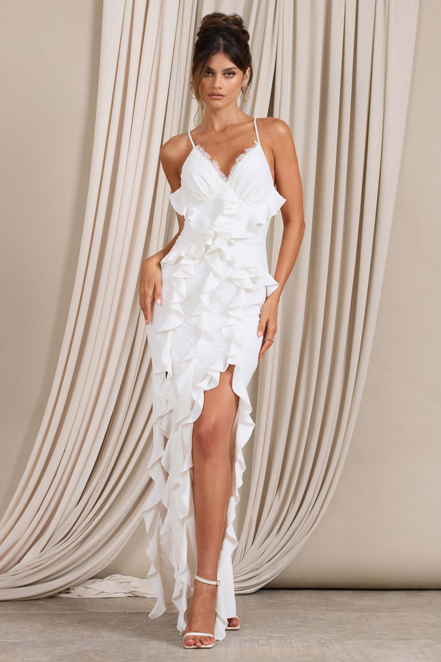 Clematis White Lace Strappy Ruffled Maxi Dress-Babyboo Dress Store. All Rights Reserved.