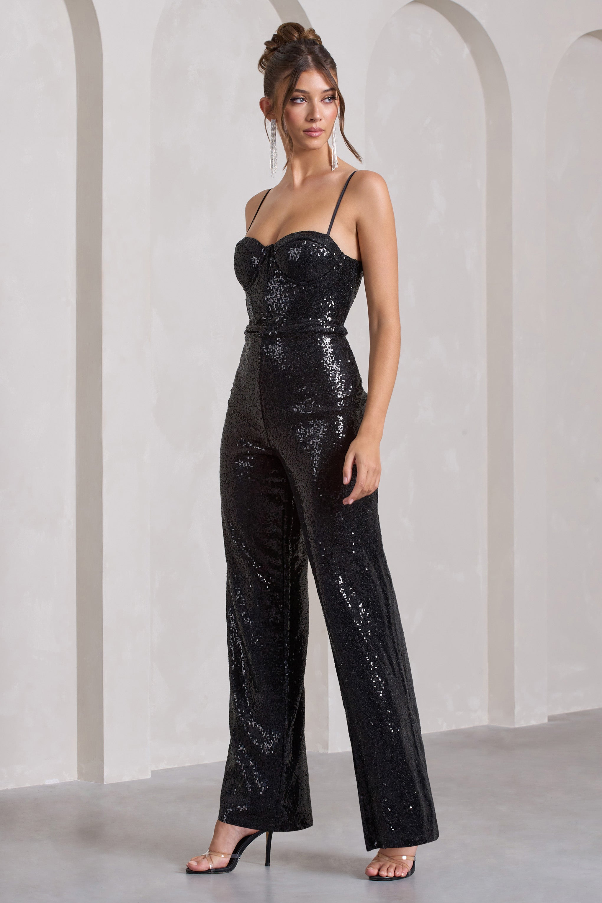 Dandelion Black Strappy Corset Sequin Jumpsuit-Babyboo Dress Store. All Rights Reserved.