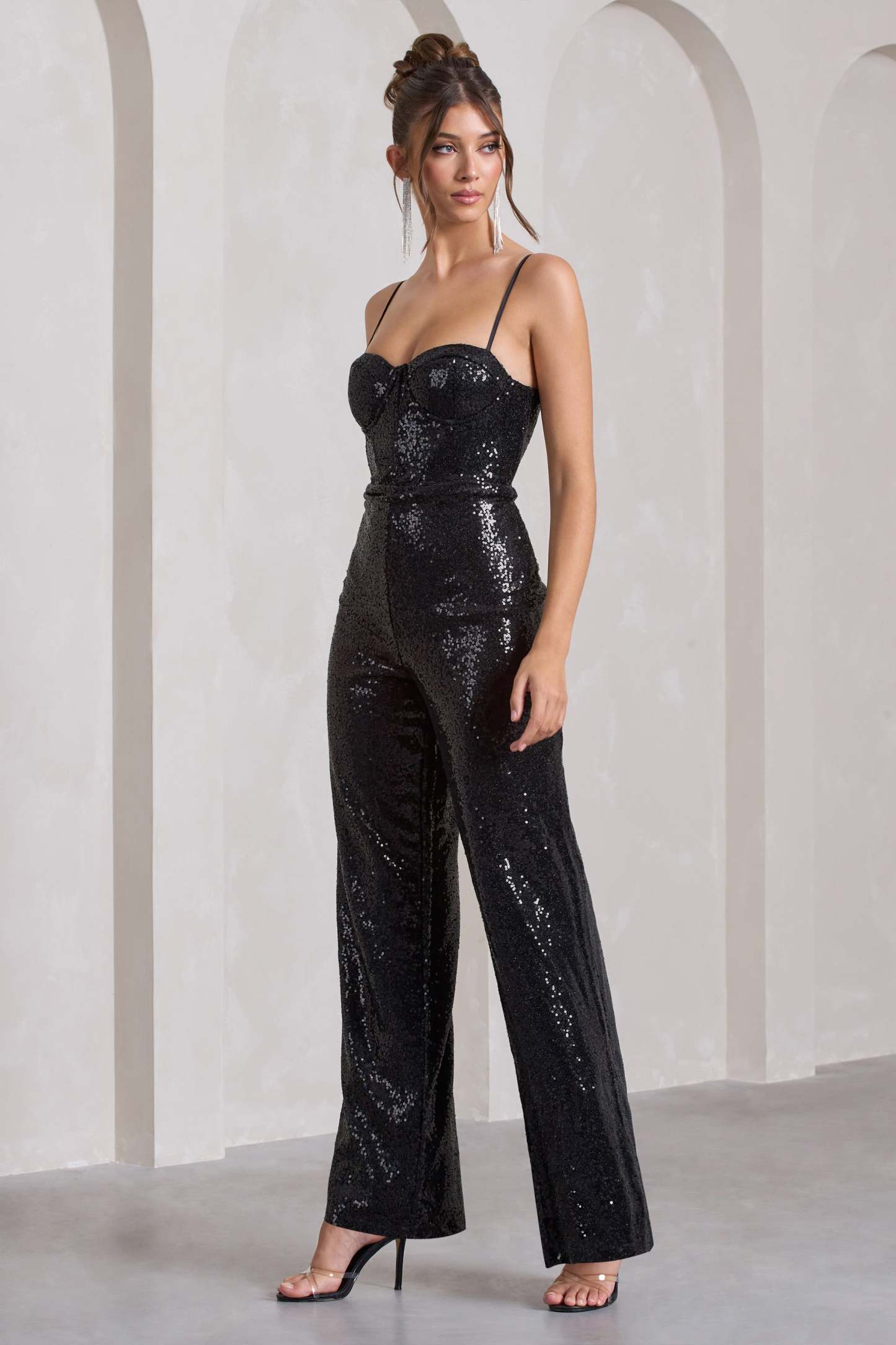Dandelion Black Strappy Corset Sequin Jumpsuit-Babyboo Dress Store. All Rights Reserved.